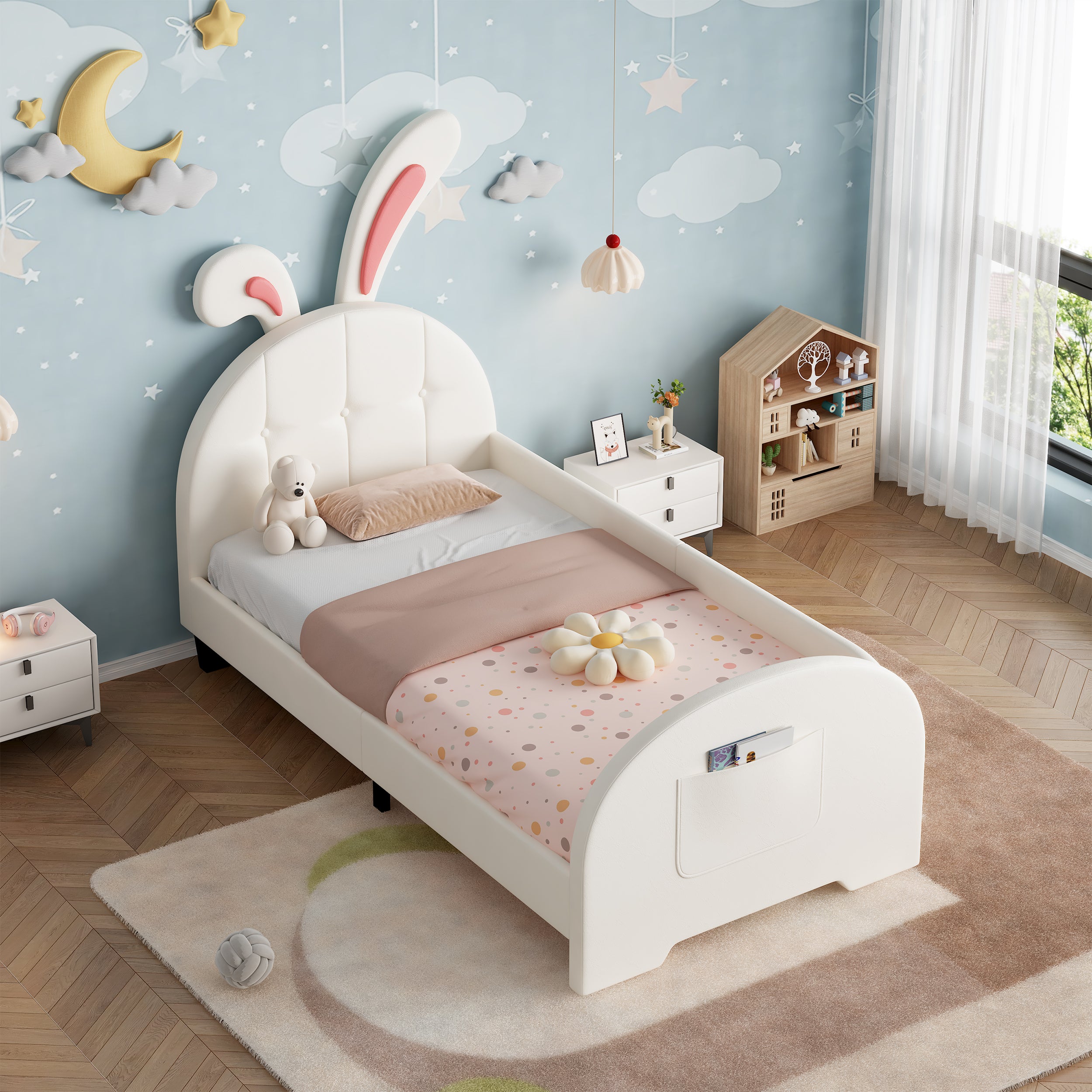 3ft Single Rabbit-Shaped Upholstered Bed Frame, Bunny Ear Headboard & Footboard Storage Pocket, Soft PU Leather Single Bed with Sturdy Metal-Wood Frame, Cream White (No Mattress)