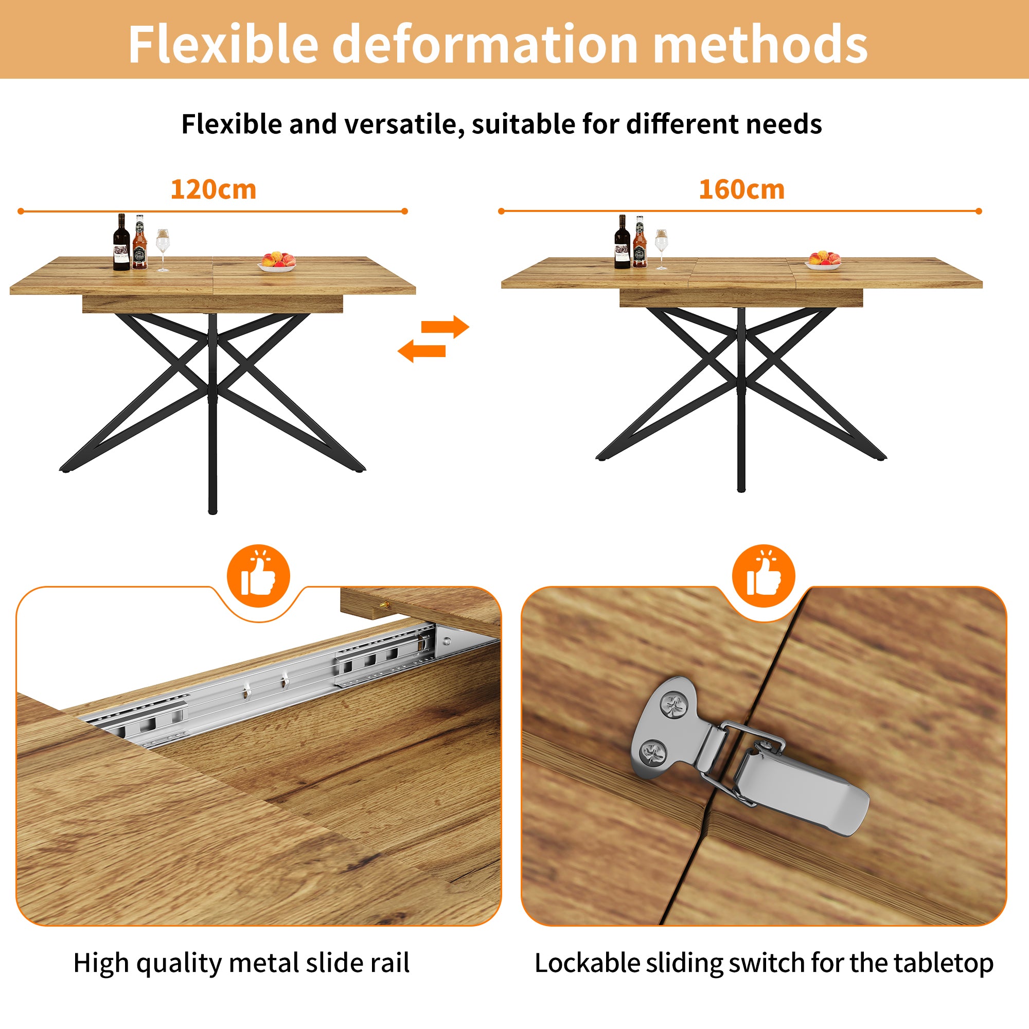 Extendable dining table 120-160 x 80 cm, extendable kitchen table, breakfast table, star-shaped table legs, black iron legs, Walnut-coloured tabletop