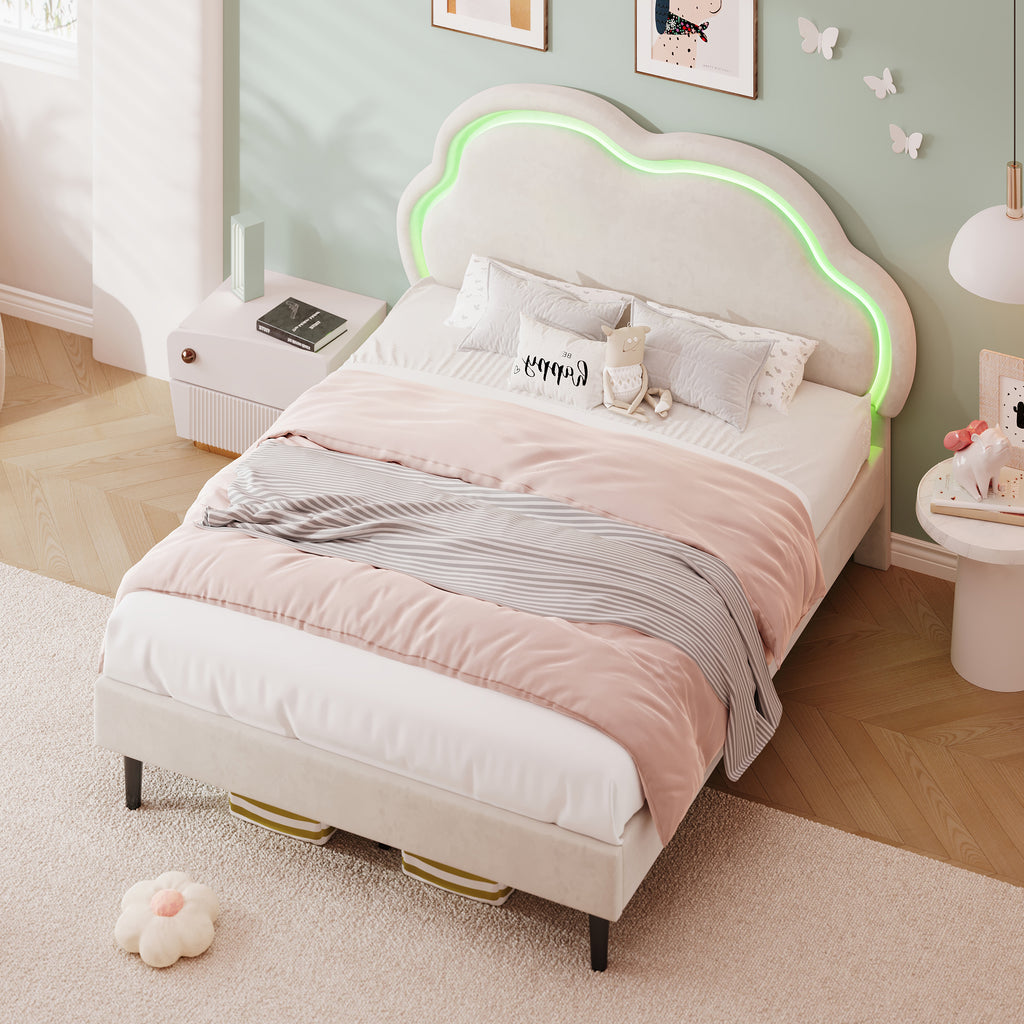 4ft6 Double Upholstered Bed with LED Adjustable Cute Cloud Headboard, Soft Velvet Bed Frame with Solid Wood Slat, No Box Spring Needed, Easy Assembly, Cream White (No Mattress)