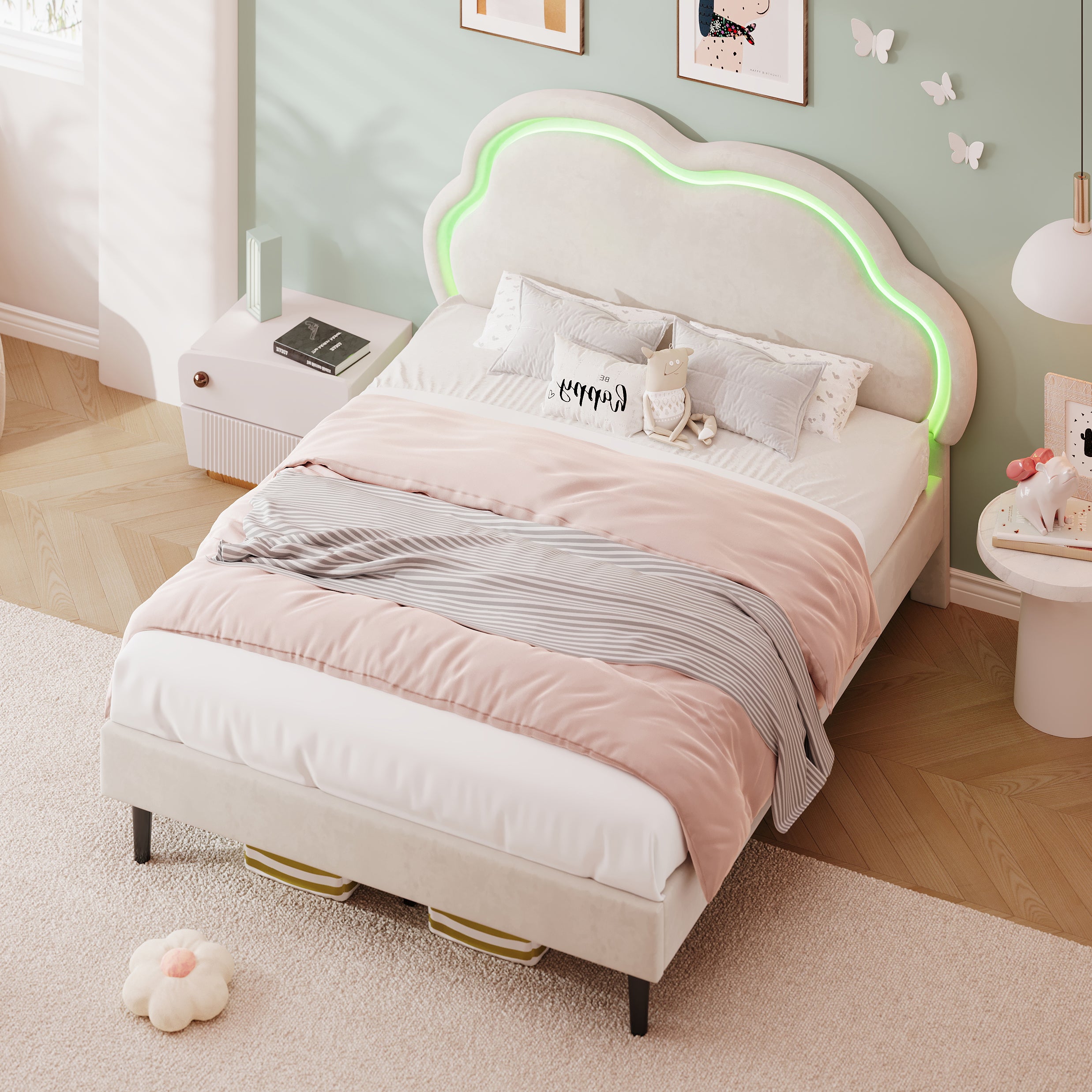 4ft6 Double Upholstered Bed with LED Adjustable Cute Cloud Headboard, Soft Velvet Bed Frame with Solid Wood Slat, No Box Spring Needed, Easy Assembly, Cream White (No Mattress)