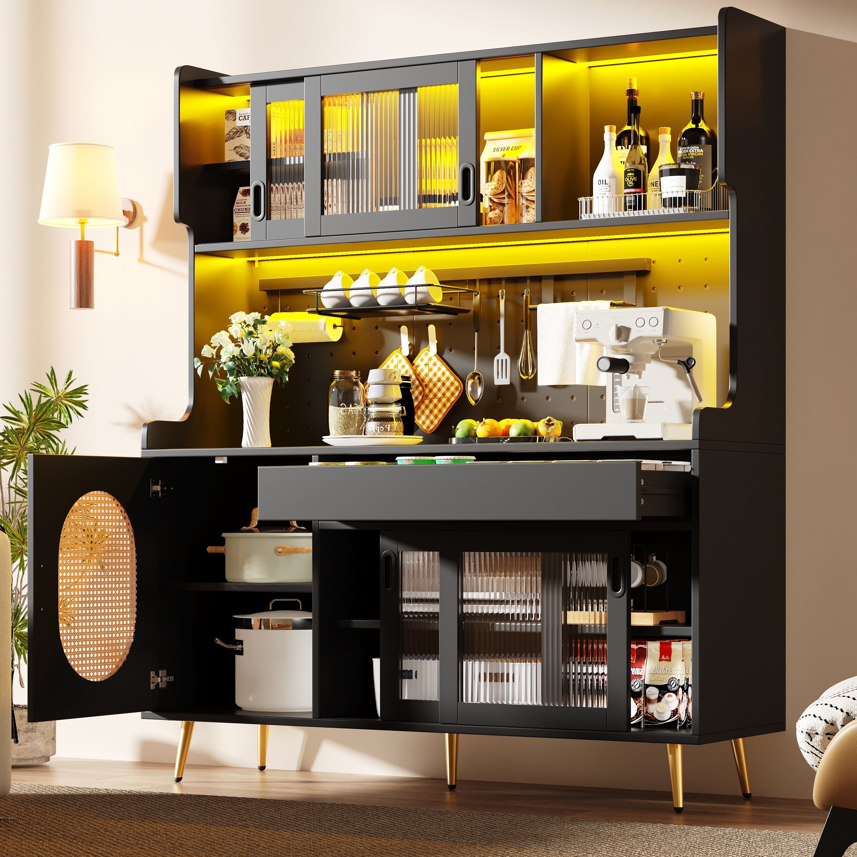 Sideboard / Storage Cabinet / Kitchen Cabinet / Buffet, 145x39x171cm, Country Style, 5 Doors, with LED Light Strip & Pegboard, Fluted Glass Doors, Brown/Black