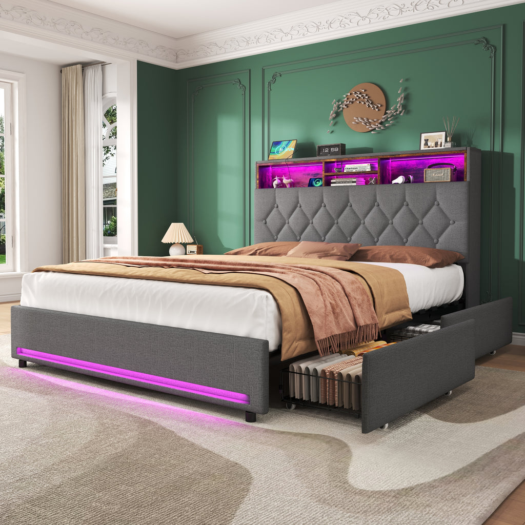 Double Bed with 4 Storage Drawers, Bed Frame with Concealed Headboard Storage, Button Tufted Headboard with RGB LED Lighting and Charging Station, Linen, Grey(No Mattress)