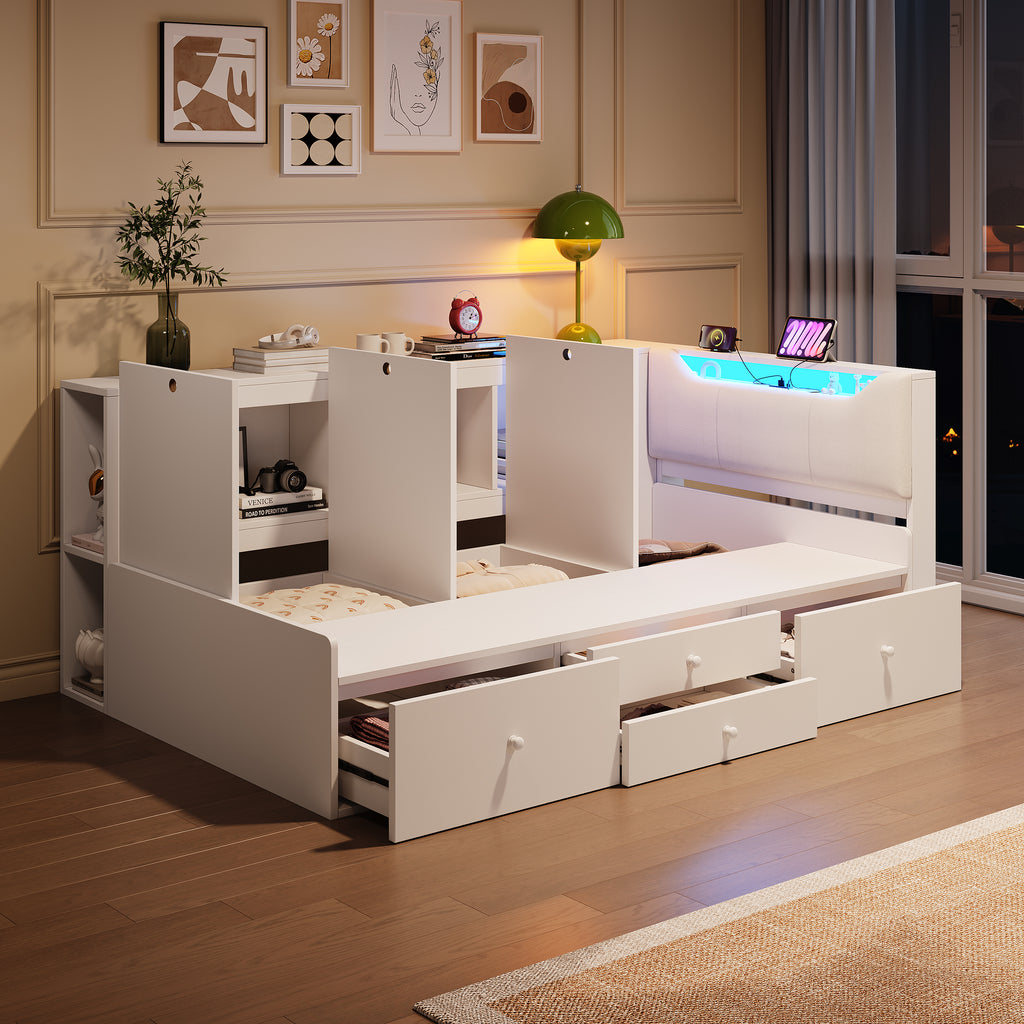3ft Single Tatami Wooden Bed Frame with Underbed Storage and Drawers, LED Linen Headboard with Charging Station and Concealed Headboard Storage, Bedside Bookshelf Compartment, White (No Mattress)