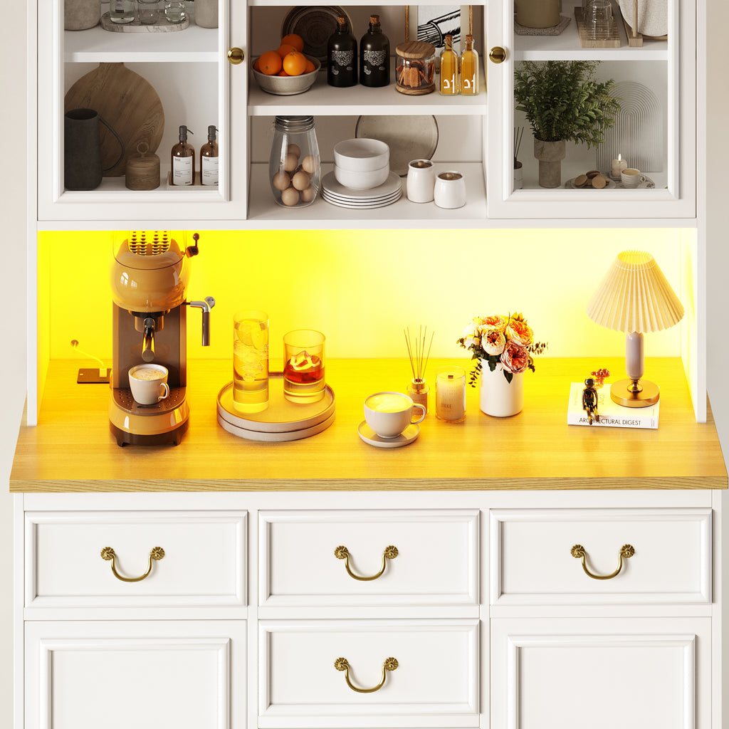 Tall kitchen cabinet with USB ports and sockets, sideboard with LED light strip, kitchen cabinet, storage cabinet with snack shelf doors, sideboard, waste bin can be installed, white