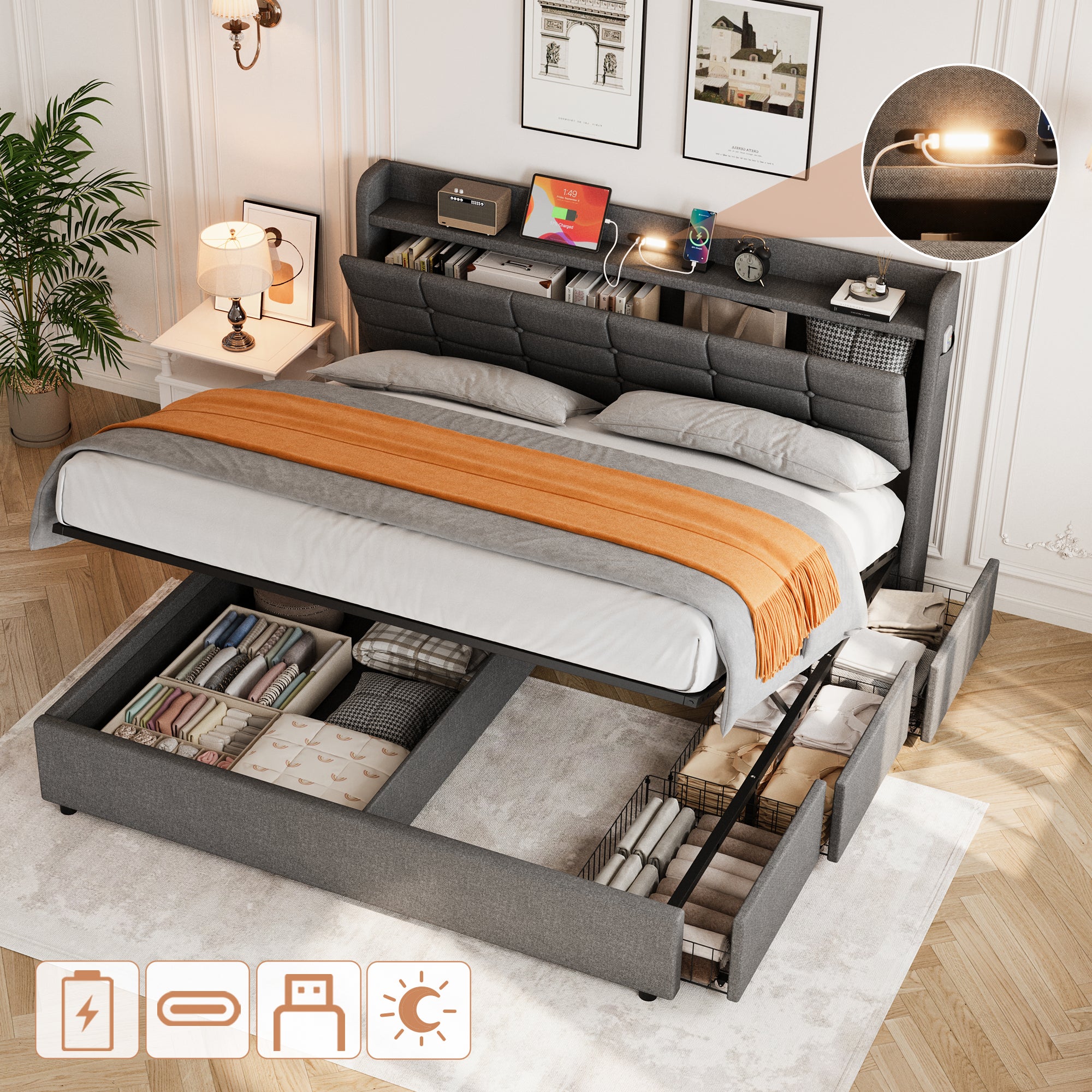5ft King Bed Frame with Hydraulic Storage, Linen Upholstered  Bed with Concealed Headboard Storage and Drawers, Button Tufted Headboard with Charging Station and LED Night Light, Grey (No Mattress)