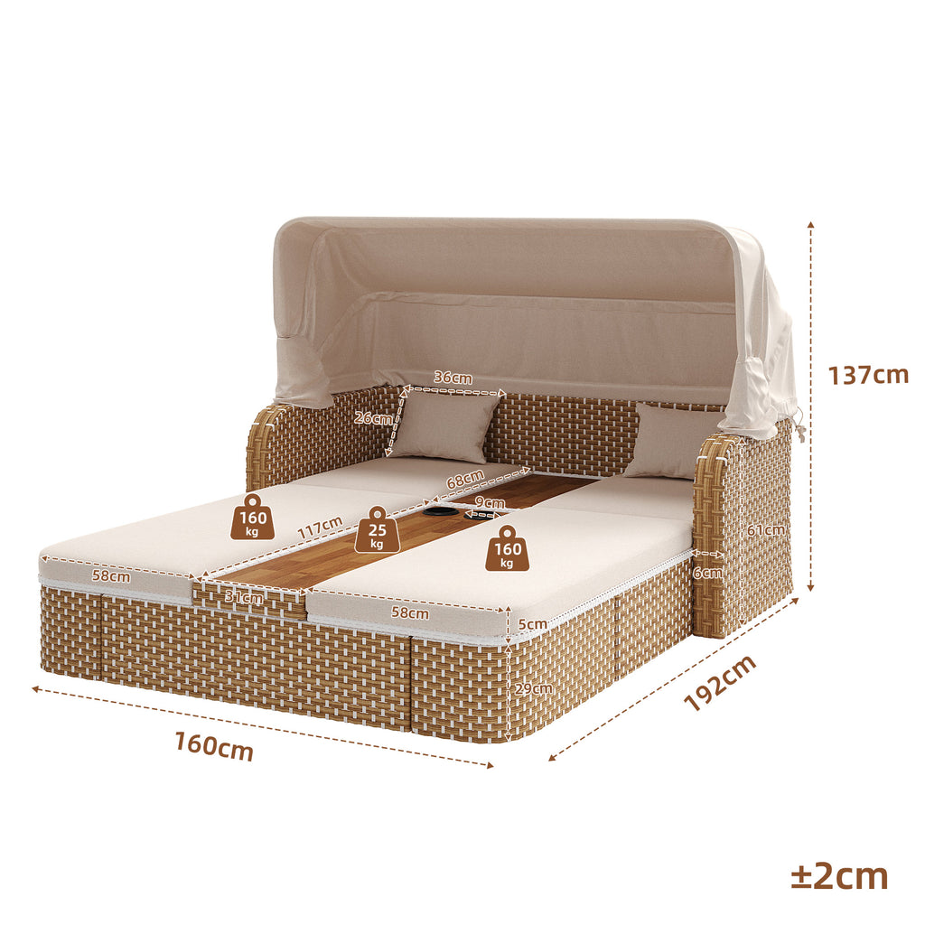 Outdoor Wicker Double Chaise Lounge with Adjustable Canopy, 5-Position Reclining Backrests, Built-in Cup Holders, for Patio & Poolside
