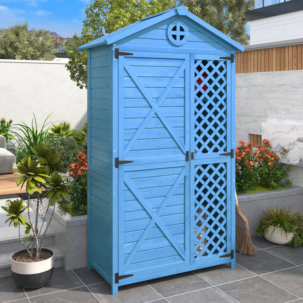 Outdoor Wood Garden Furniture Storage Shed, Tool House with Ventilation Slots for Backyard, Patio, Fade Free, All Weather Resistant, Safe and Secure, Zero Maintenance, Blue