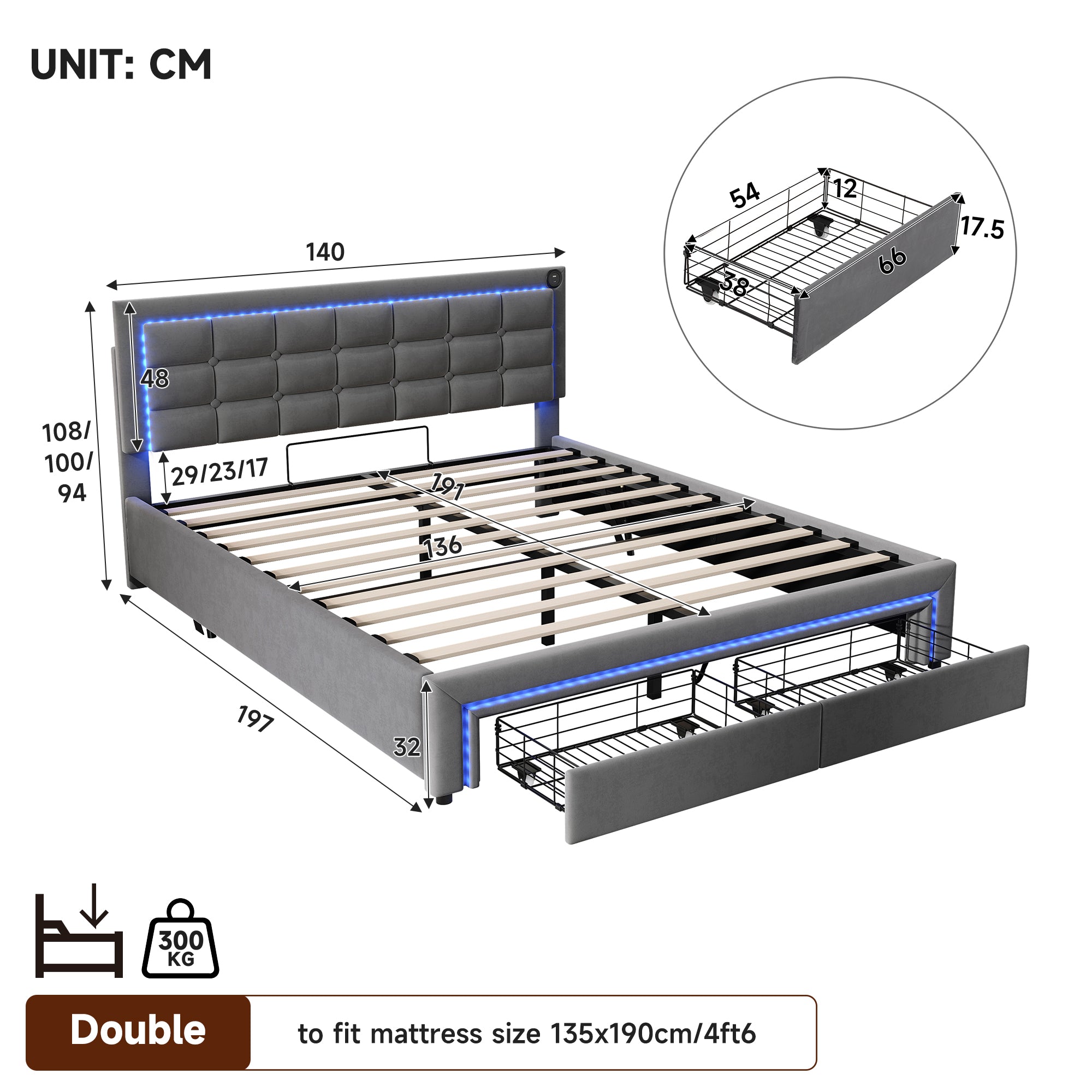 4ft6 Double Upholstered Bed Frame with Hydraulic and Drawers Storage, LED Adjustable Button Tufted Headboard with Charging Station, Velvet Hydraulic Bed with RGB LED Lighting, Grey (No Mattress)