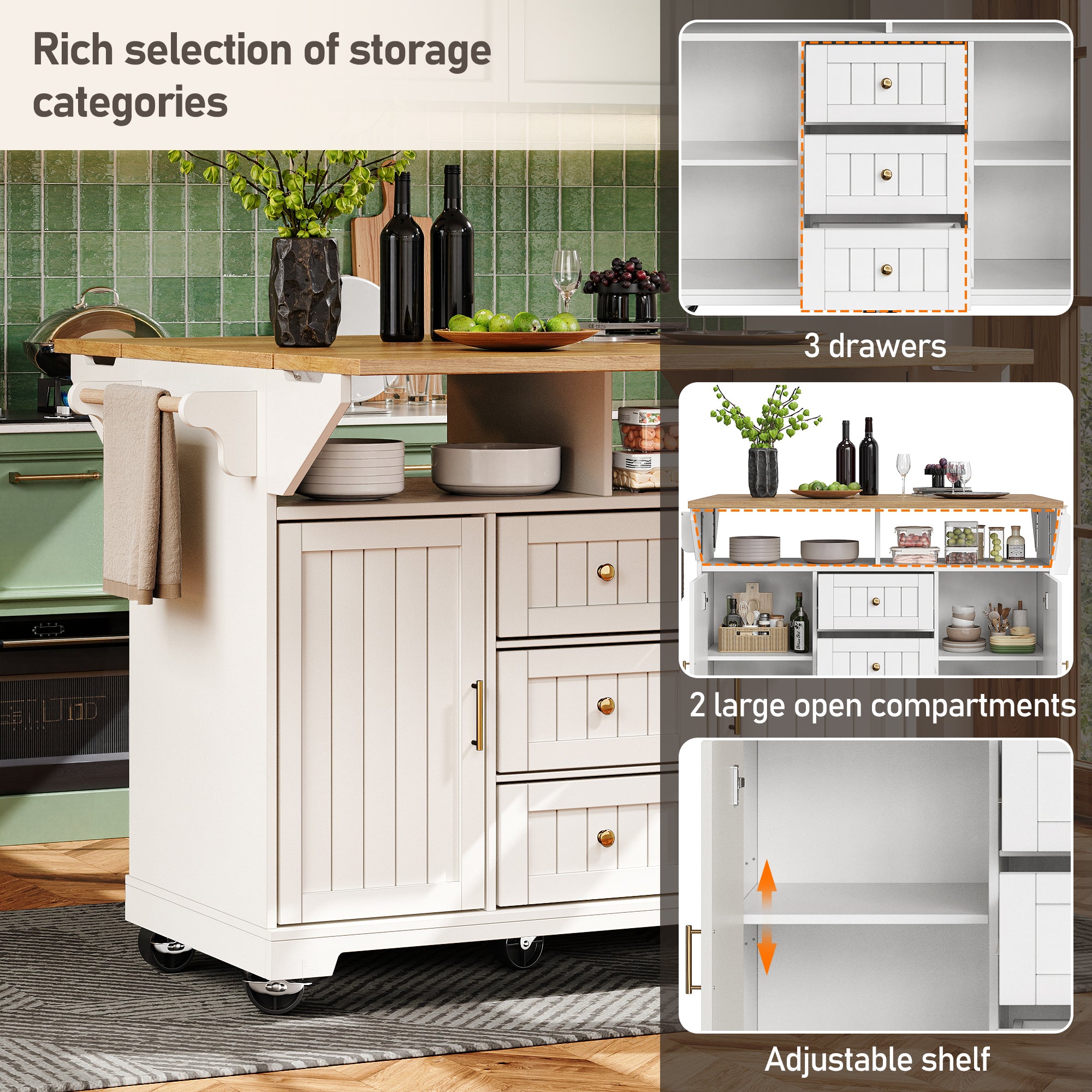 Kitchen island, cabinet, sideboard 120 x 40 (80) x 95 cm, extendable kitchen trolley with casters, extendable on both sides, with towel rail and spice rack, two doors, three drawers, black/white