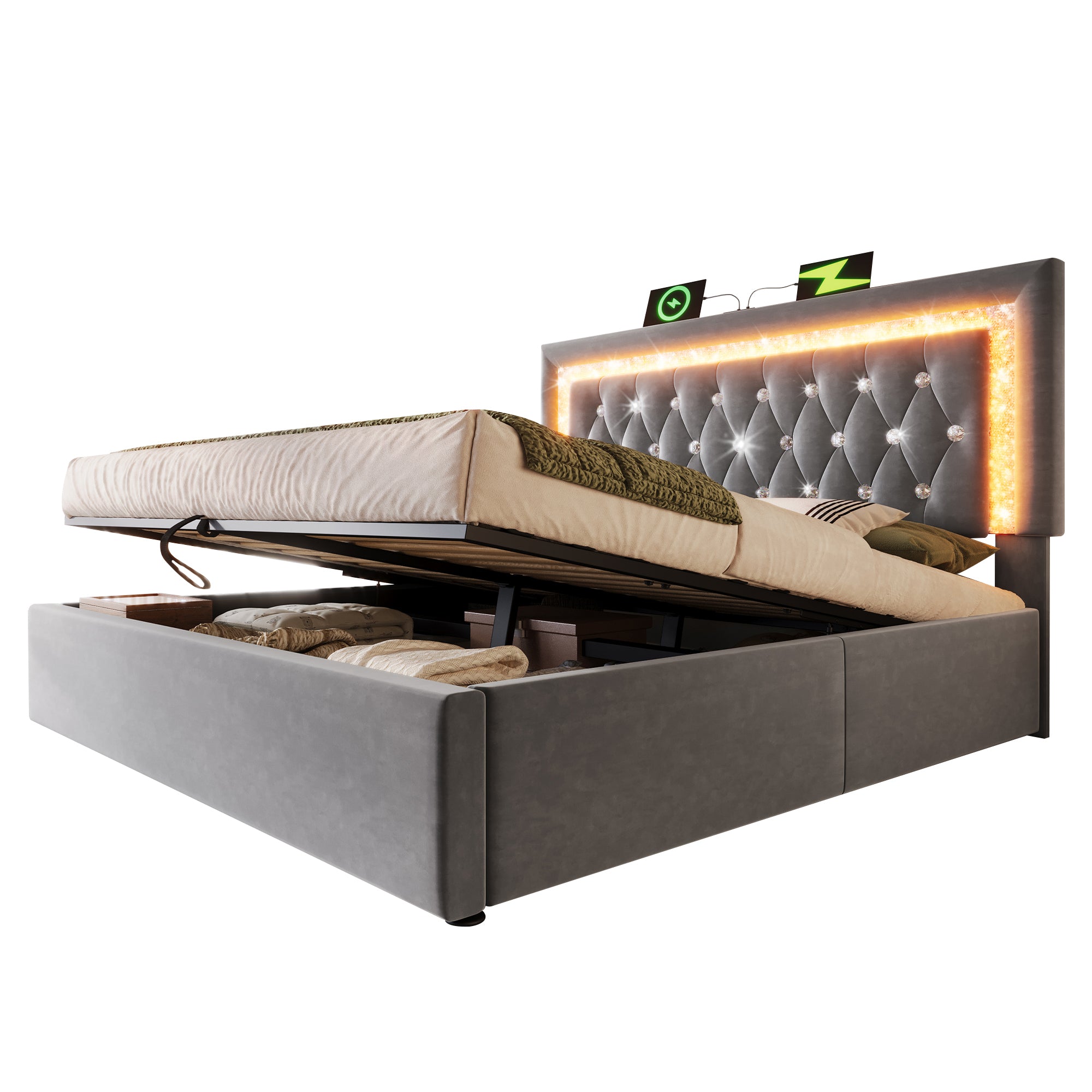 Upholstered Double Bed 135 x 190 cm with LED Lighting, USB Type-C Charging, 4ft6 Hydraulic Storage Bed with Adjustable Diamond Tufted Headboard, Velvet, Grey (No Mattress)