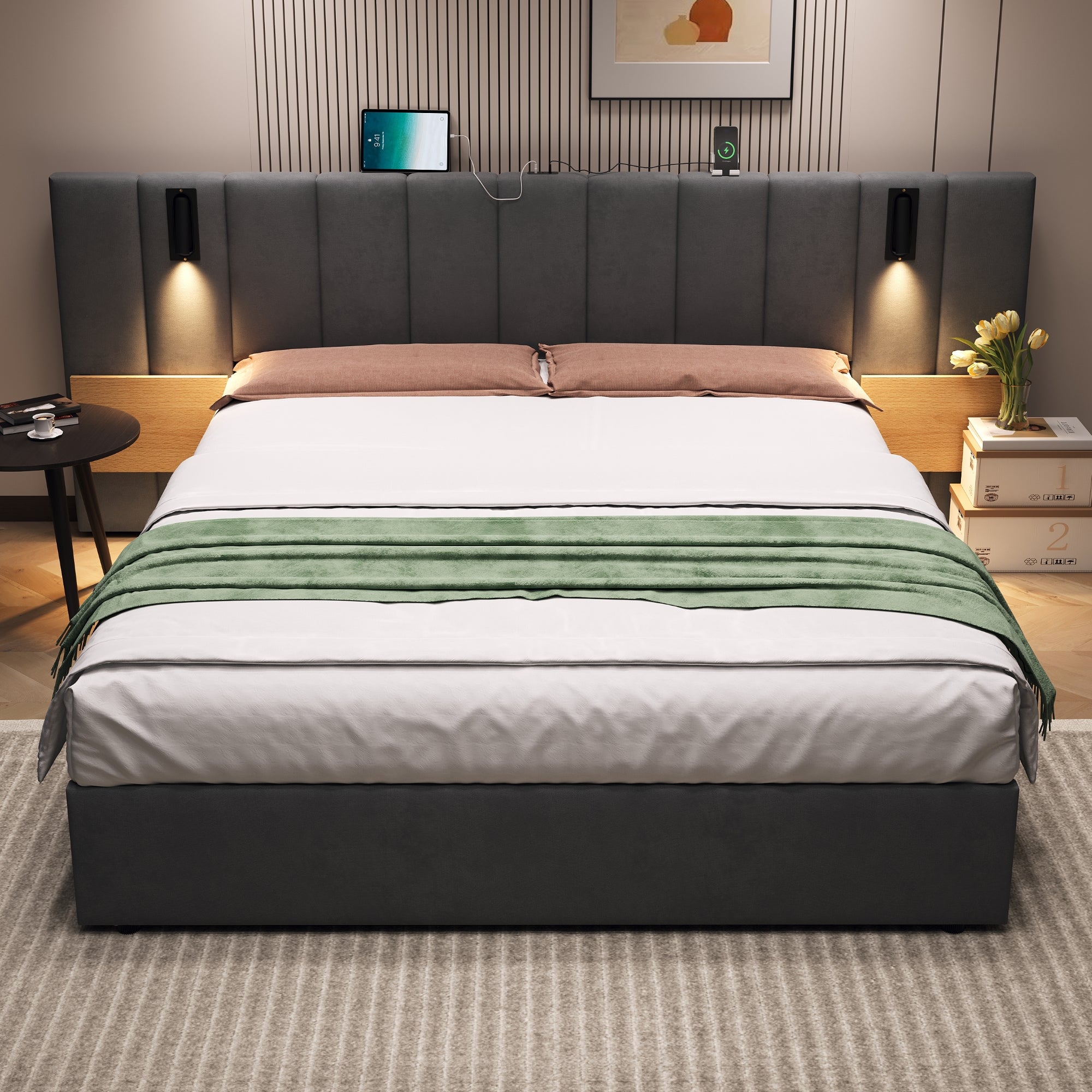 King Upholstered Bed with Charging Station, Velvet Hydraulic Storage Bed with Reading Light, 5ft King Bed Frame with Channel Tufted Headboard and Adjustable Bedside Shelf, Grey (No Mattress)