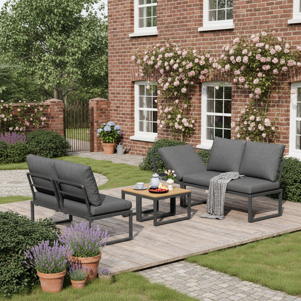 4-5 Seater Garden Outdoor Set with Flexibly Convertible Plastic Wood Tables, Adjustable Corner Sofa and Lounge Chair, Weather-Resistant Patio Furniture for Garden, Balcony and Terrace, Linen, Grey