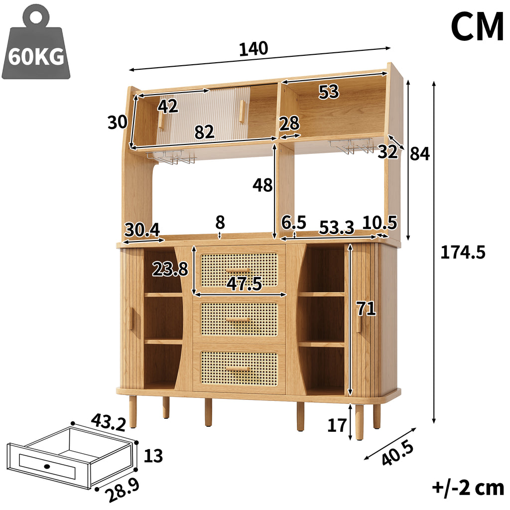 High-quality sideboard with rattan look and glass sliding doors, 174.5 cm high kitchen cabinet with storage space, natural wood/walnut look