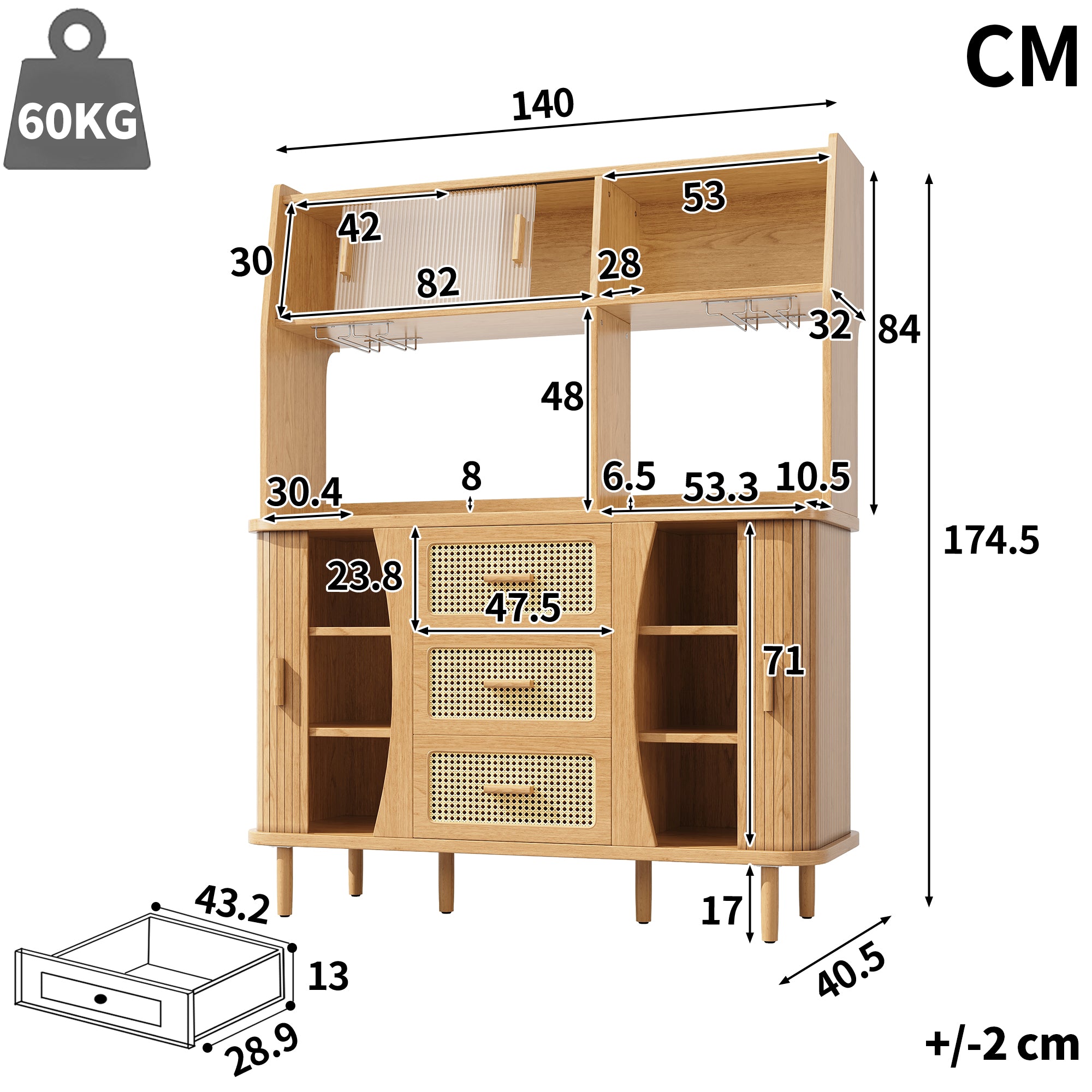 High-quality sideboard with rattan look and glass sliding doors, 174.5 cm high kitchen cabinet with storage space, natural wood/walnut look