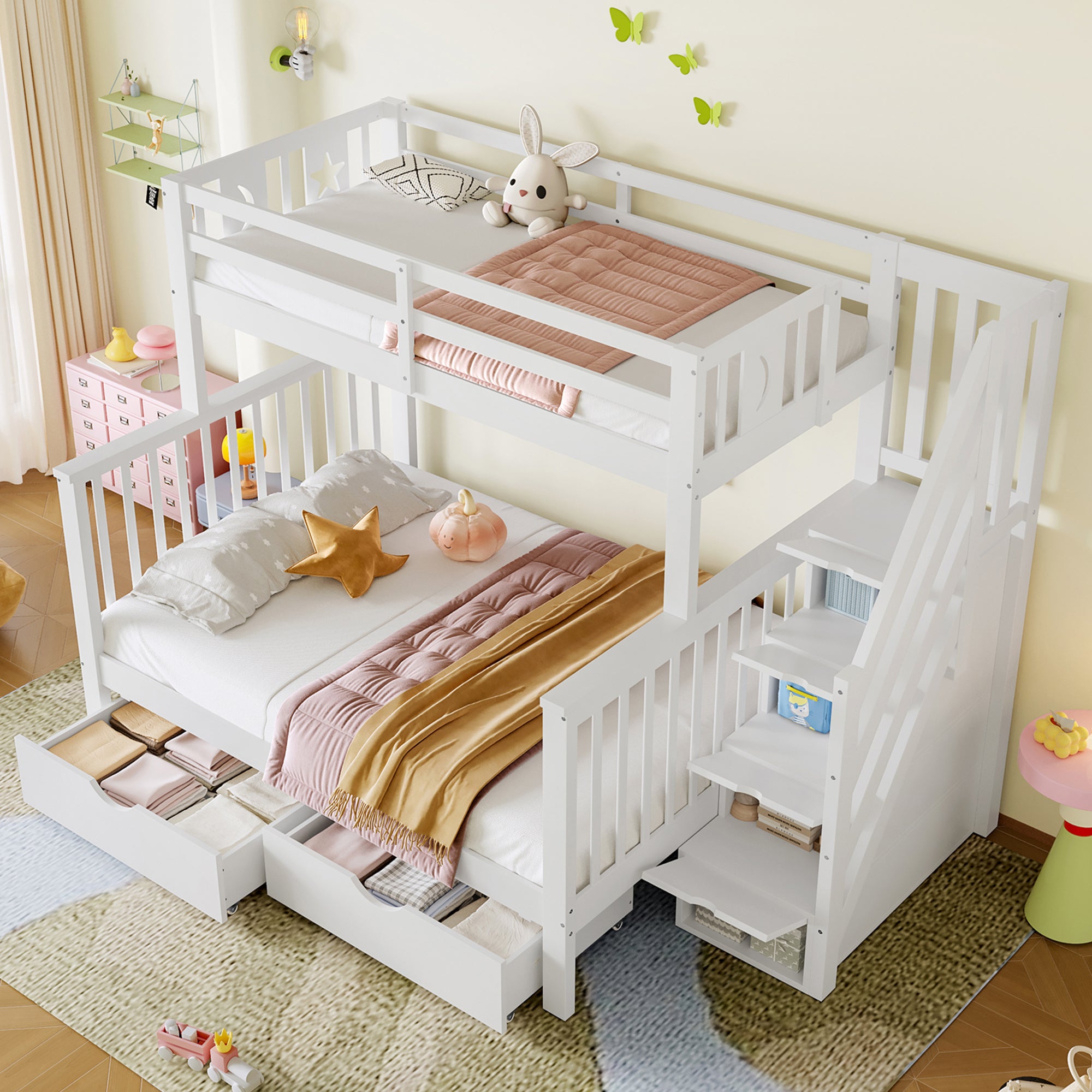 Bunk Beds for Kids, Double High Sleeper Bed Frame with Storage and Guardrail, Space-Saving Design with Drawer Storage, Children Cabin Bed with Storage Stair for Bedroom, Dorm, White (No Mattress)