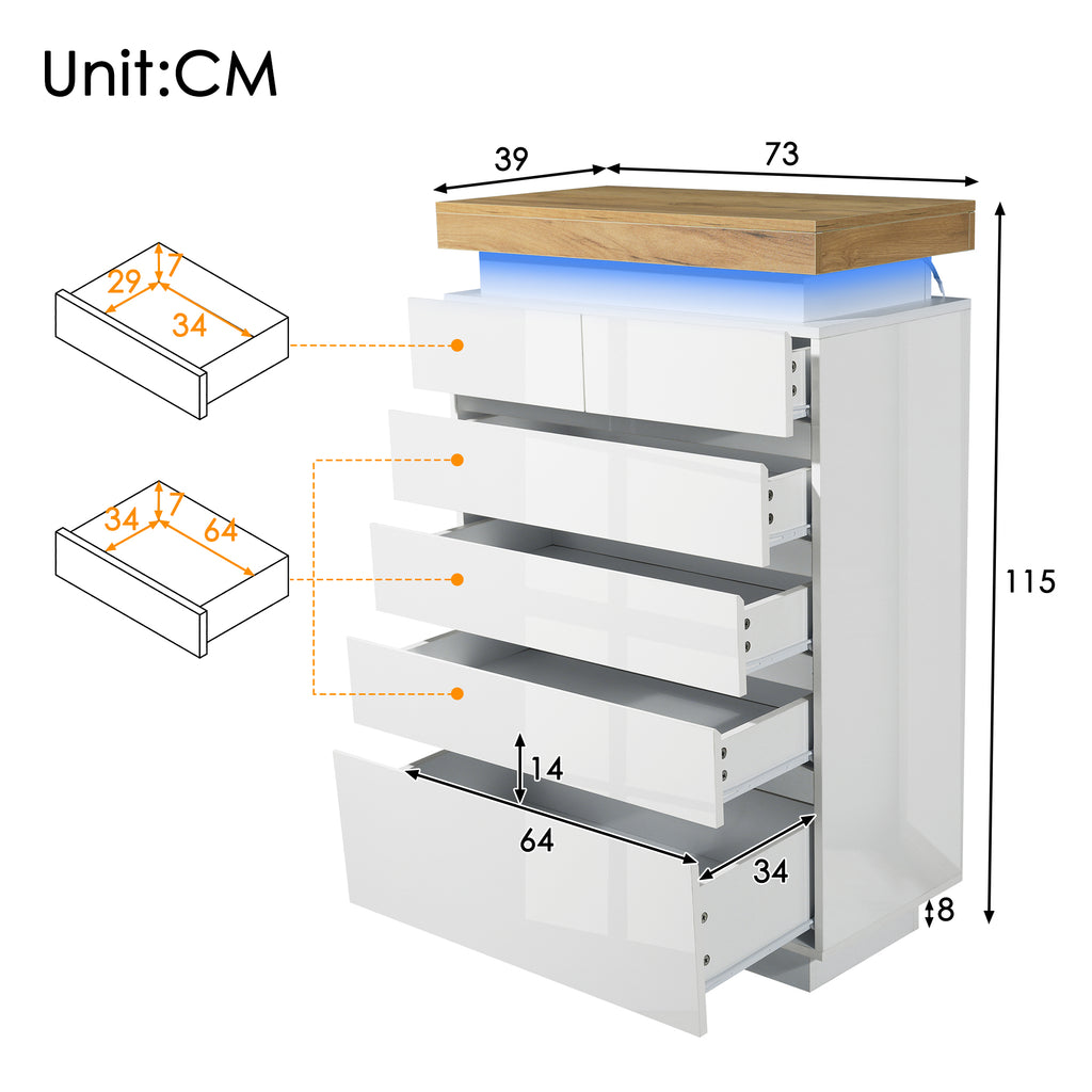 Chest of Drawers,High-gloss Sideboard Cabinet with 6 Drawers,Storage with RGB LED(App-controlled),Multi-purpose Cabinet for Living Room and Bedroom, 115 x 73 x 39 cm, White