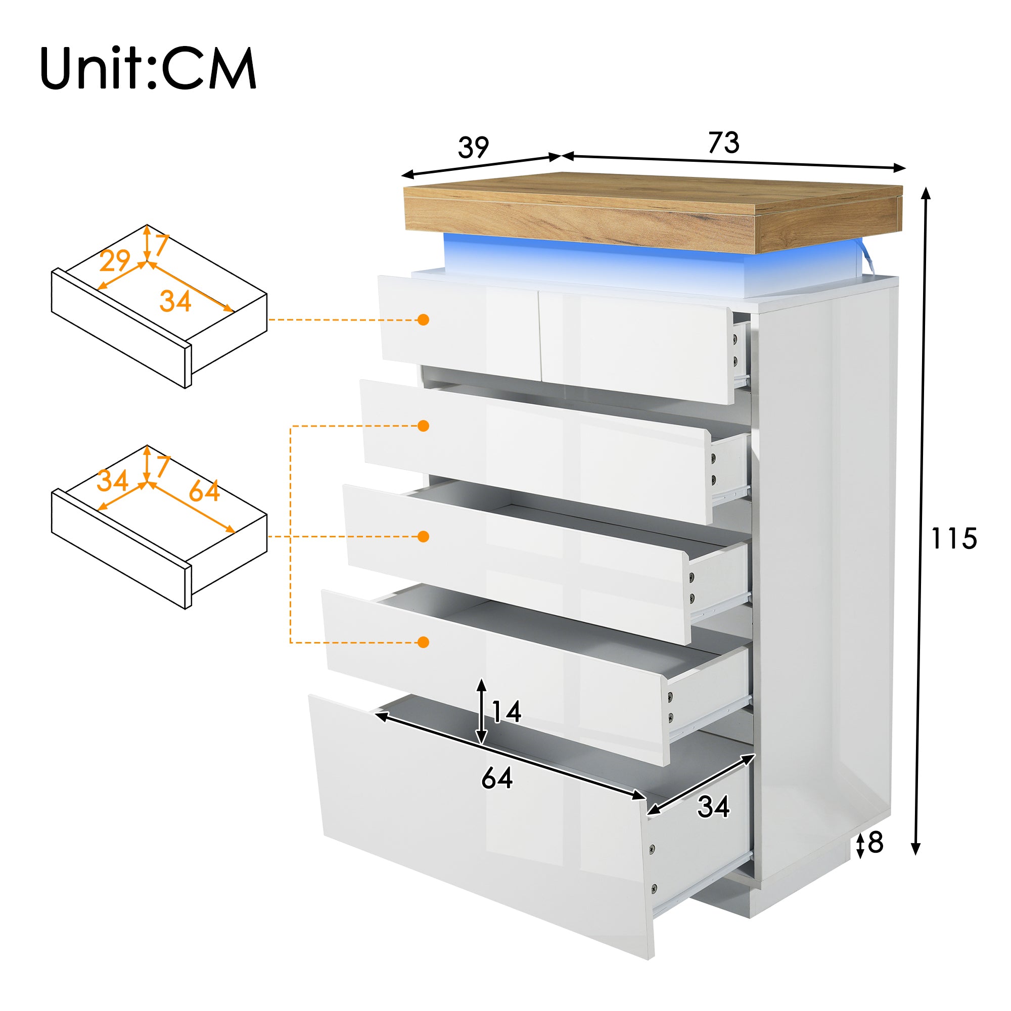 Chest of Drawers,High-gloss Sideboard Cabinet with 6 Drawers,Storage with RGB LED(App-controlled),Multi-purpose Cabinet for Living Room and Bedroom, 115 x 73 x 39 cm, White