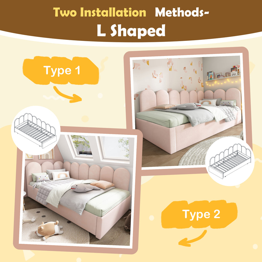 Upholstered Bed Daybed With Pull-Out Bed, 3FT Single Sofa Bed 90X190Cm,Guest Beds For Adults and Children, Bed With Metal Slatted Frame, Velvet, Pink (No Mattress)