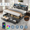 5ft King Upholstered Bed Frame with Hydraulic and Drawers Storage, LED Adjustable Headboard with Charging Station and Concealed Headboard Storage, Linen, No Box Spring Needed, Grey (No Mattress)