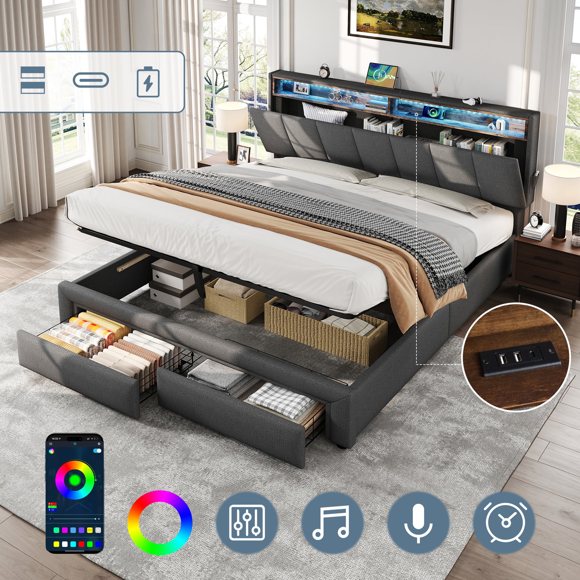 5ft King Upholstered Bed Frame with Hydraulic and Drawers Storage, LED Adjustable Headboard with Charging Station and Concealed Headboard Storage, Linen, No Box Spring Needed, Grey (No Mattress)