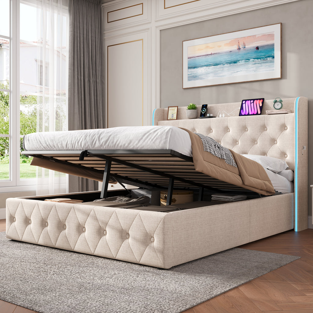 4ft6 Double Upholstered Bed Frame with Hydraulic Storage, LED Headboard with Charging Station and Button-tufted Design, USB and Type-C Ports, Linen, No Box Spring Needed, Beige (No Mattress)