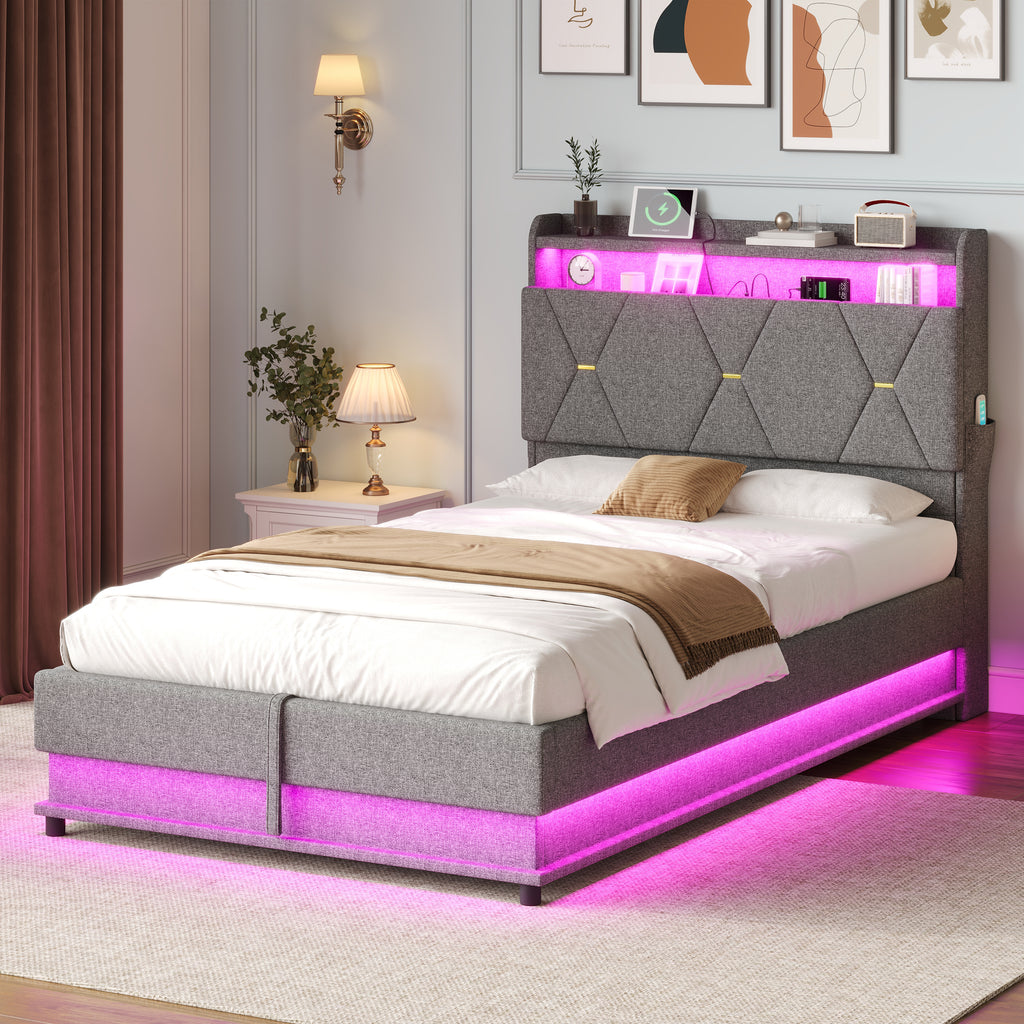 3ft Single Upholstered Bed Frame with Hydraulic Storage,  LED Headboard with Charging Station and Concealed Headboard Storage, USB and Type - C Ports, Linen, No Box Spring Needed, Grey (No Mattress)