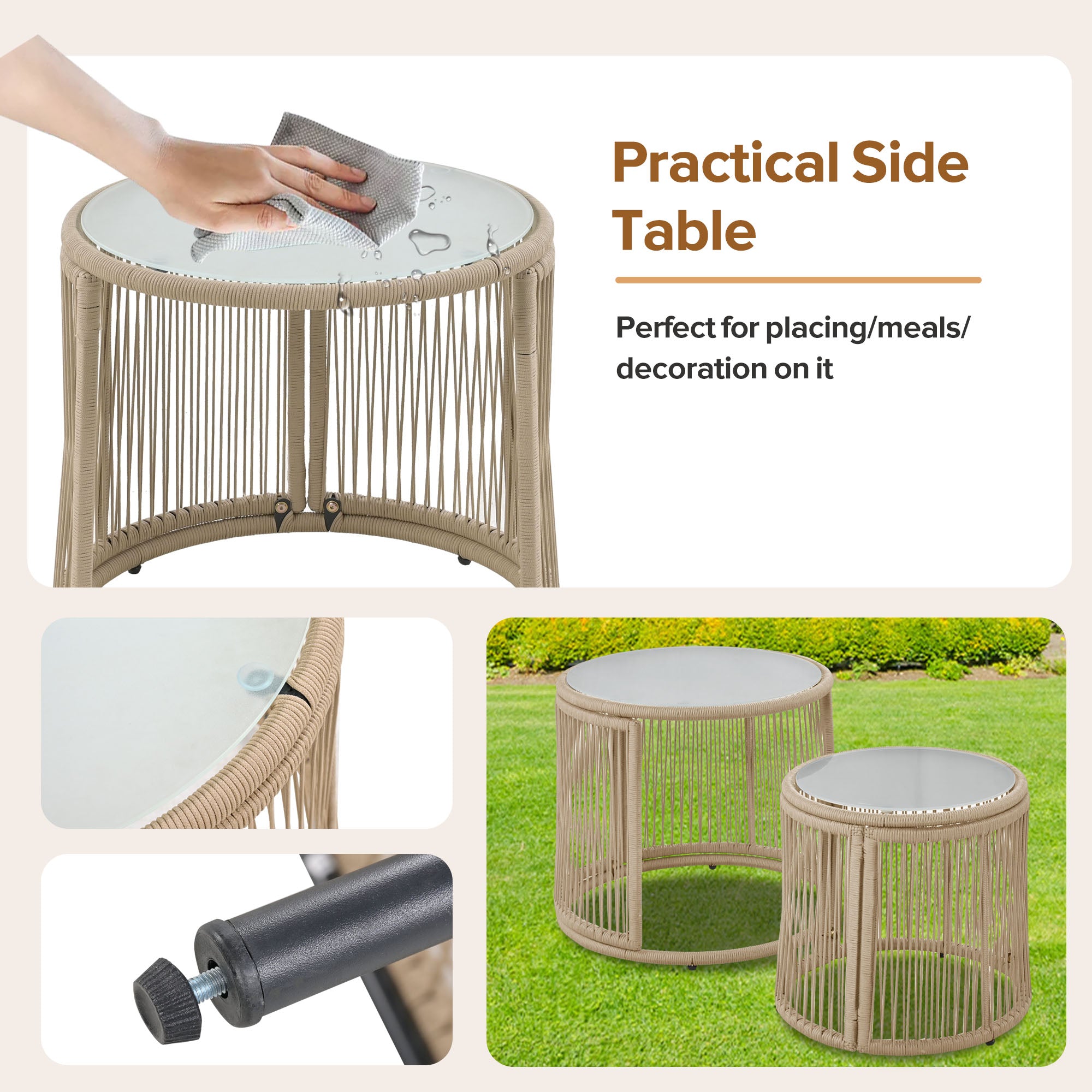 Garden lounge sofa set, outdoor furniture set, iron frame and beige rope weave, beige, two armchairs, two two-seater sofa and two round tables (all cushions included)