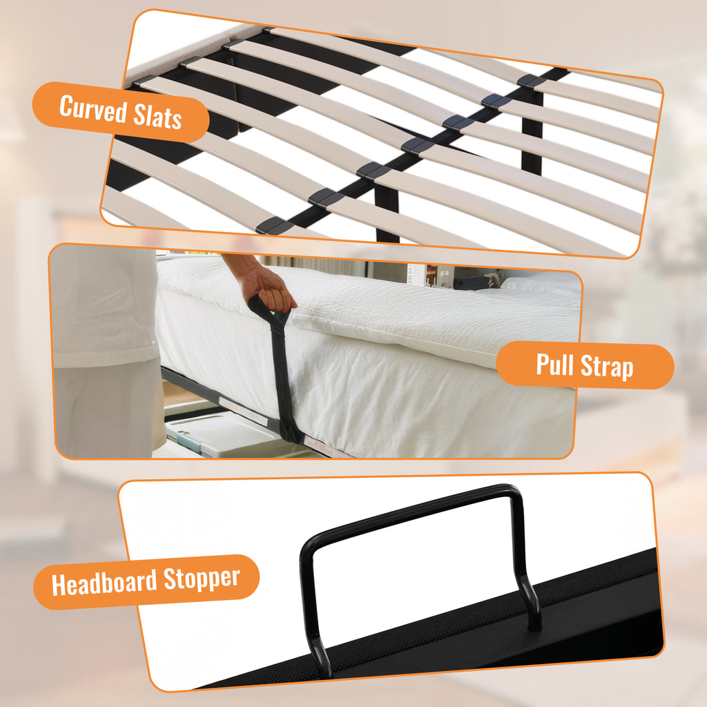 Upholstered Double Bed 135 x 190 cm with LED Lighting, USB Type-C Charging Function, Storage Headboard, 4FT6 Double Bed Storage Bed Frame with Metal Slatted Frame, Linen, Beige (No Mattress)