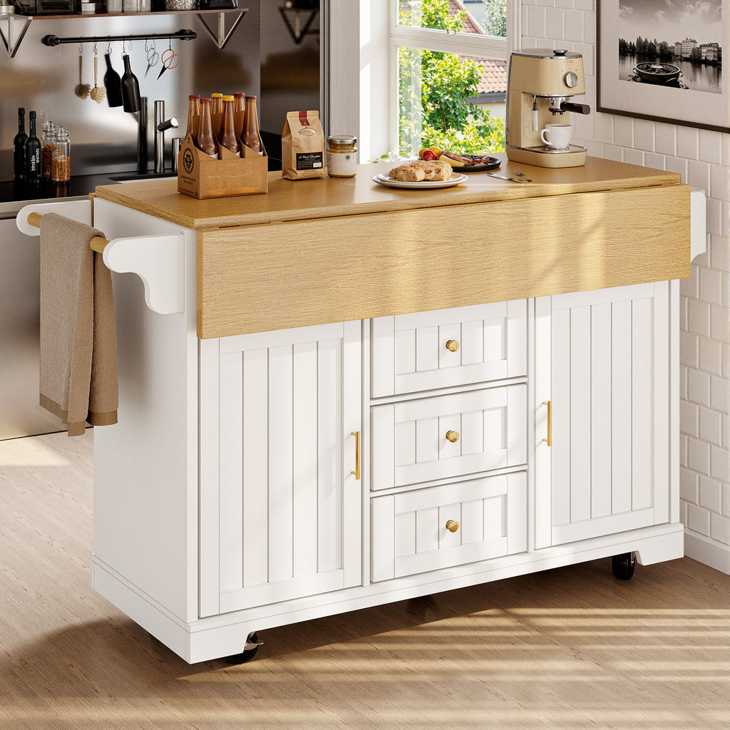 Kitchen island, cabinet, sideboard 120 x 40 (80) x 95 cm, extendable kitchen trolley with casters, extendable on both sides, with towel rail and spice rack, two doors, three drawers, black/white