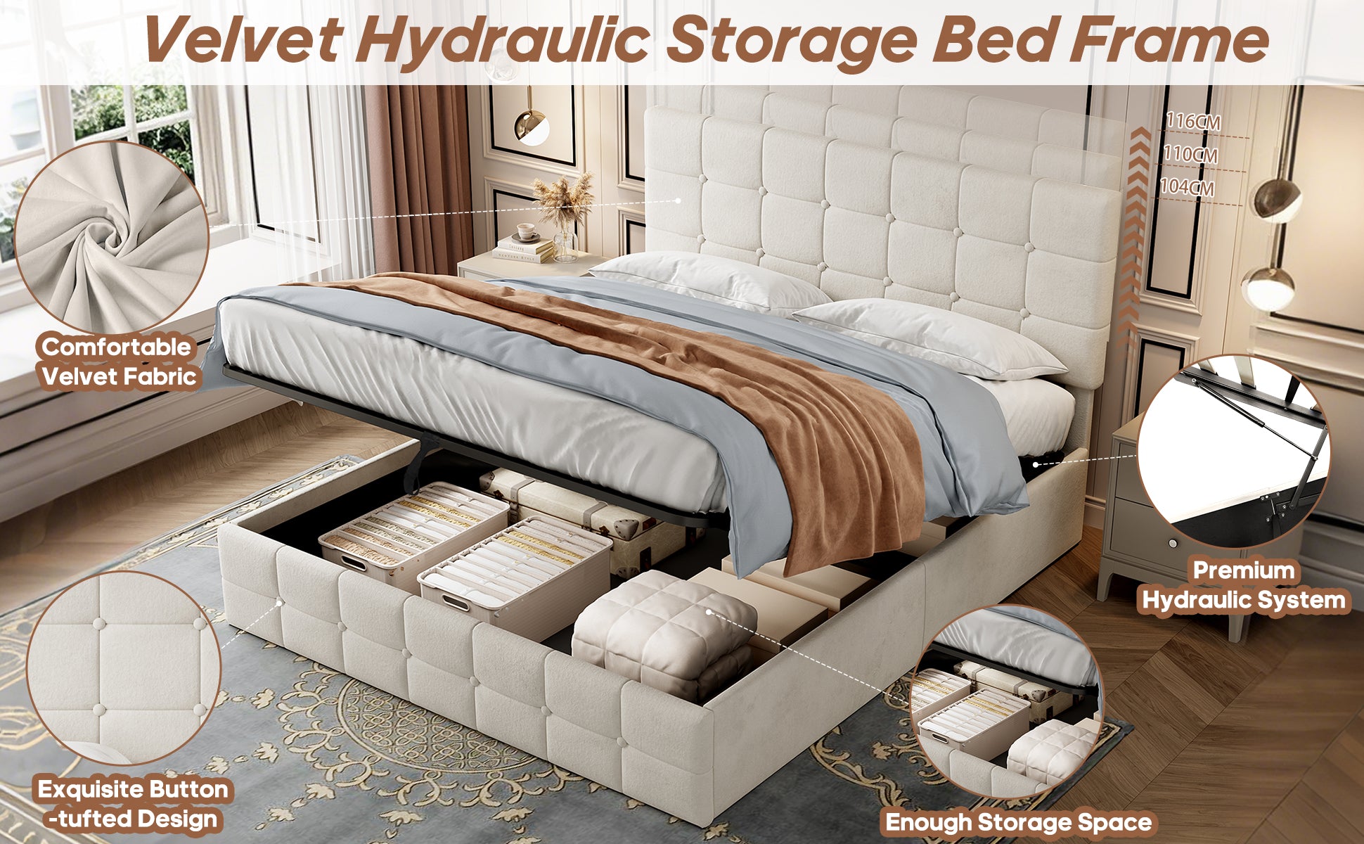 Double Upholstered Storage Bed Frame, Velvet Ottoman Bed with Hydraulic Storage, Double Bed with Adjustable Button Tufted Headboard, Metal-Wood Support, No Mattress, Beige