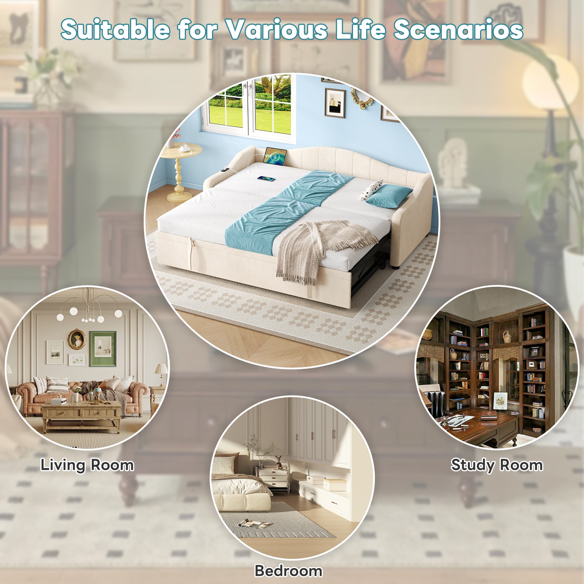 Upholstered Bed 90x190cm, Daybed, Sofa Bed with Charging Station, 3ft Single Velvet Bed with USB and Type - C Ports, Pull out Trundle Bed for Living Room/ Bedroom/ Study Room, Beige (No Mattress)