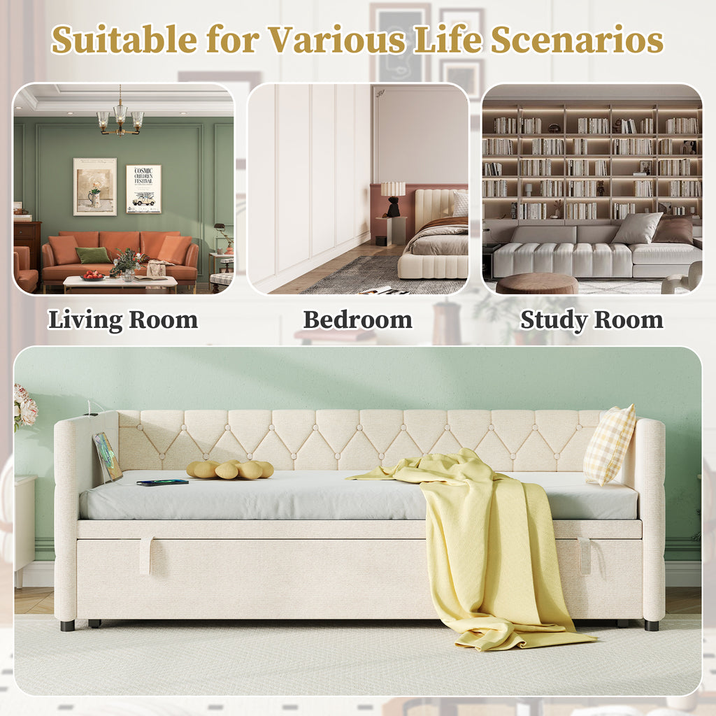 Upholstered Daybed, Sofa Bed with Charging Station, 3ft Single Button-tufted Bed with USB and Type - C Ports, Pull out Trundle Bed for Living Room/ Bedroom/ Study Room, Linen, Beige (No Mattress)