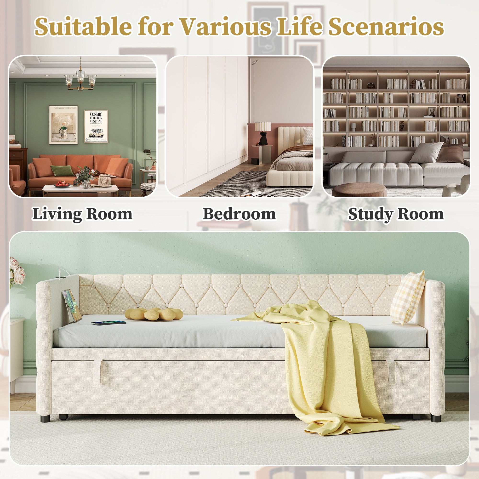 Upholstered Daybed, Sofa Bed with Charging Station, 3ft Single Button-tufted Bed with USB and Type - C Ports, Pull out Trundle Bed for Living Room/ Bedroom/ Study Room, Linen, Beige (No Mattress)