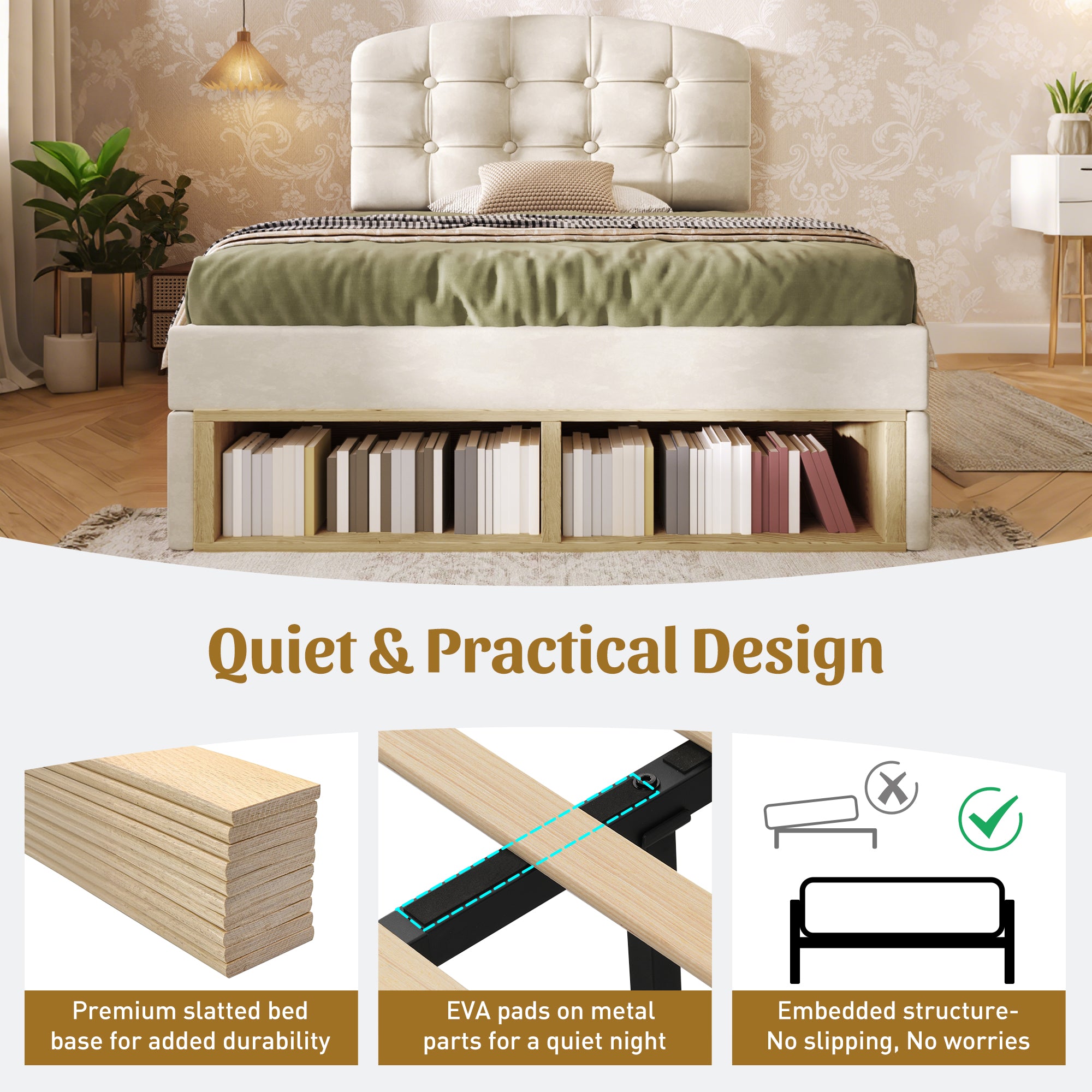 Upholstered Single Bed with Storage Compartments and Drawers, 3ft Single Bed with Adjustable Headboard, 90 x 190 cm, Velvet, Beige (No Mattress)
