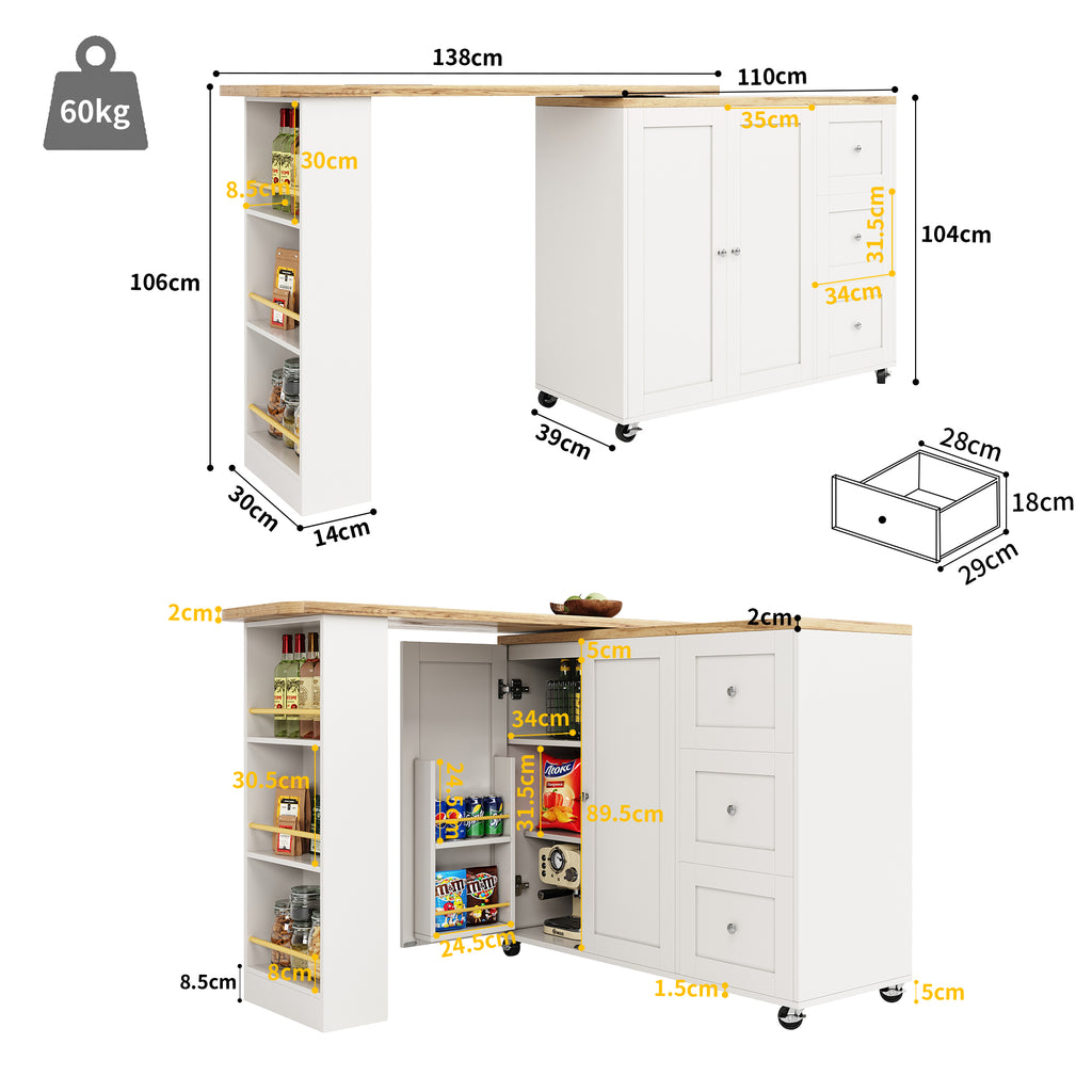 360° swivelling dining table (138-209 x 39 x 106 cm) on castors, bar table, white, with three drawers and snack rack, multifunctional storage island, suitable for kitchen and living room.
