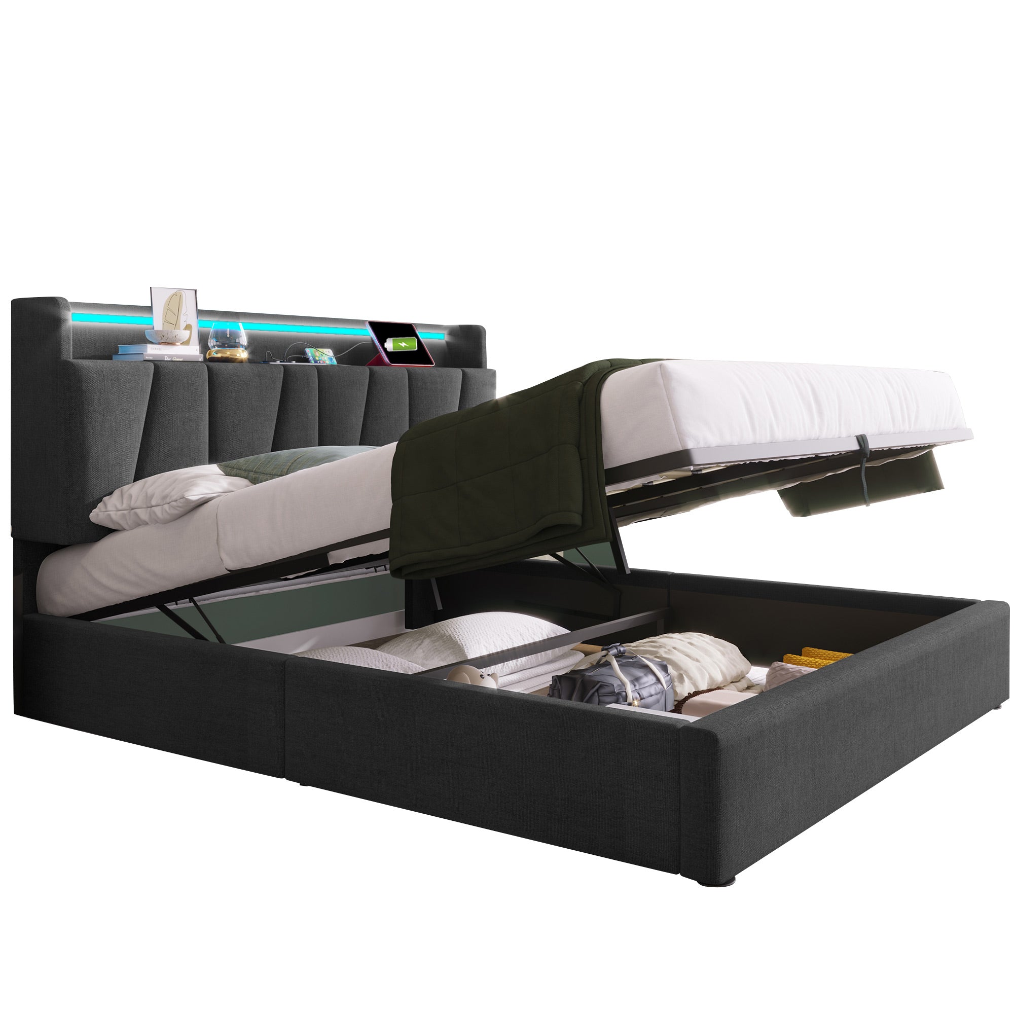 Upholstered Double Bed with USB charging function, storage headboard and LED lighting, 4ft6 Double Bed storage bed frame(135x190cm), Wooden Slatted Frame, Grey (Without Mattress)