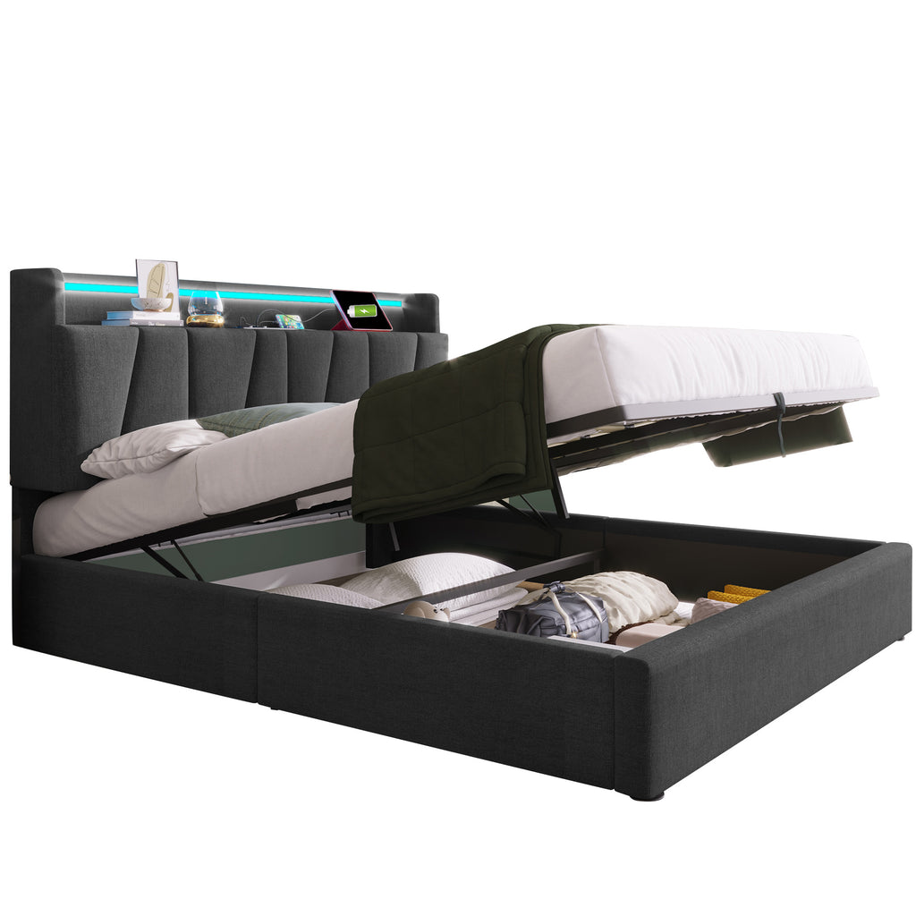 Upholstered Double Bed with USB Charging Function, Storage Headboard and LED Lighting, 5ft King Size Bed Storage Bed Frame (150 x 200 cm), Wooden Slatted Frame, Grey (No Mattress)