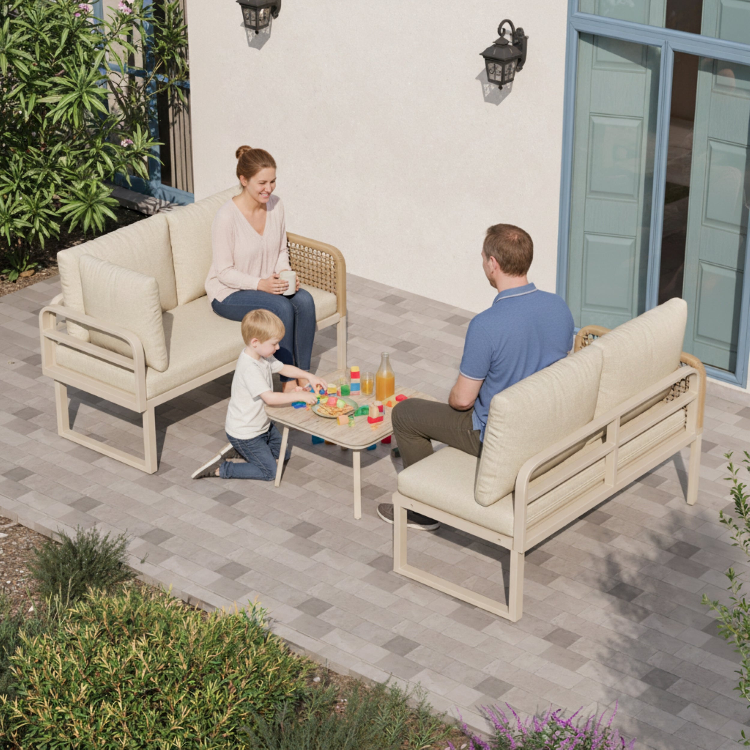 Garden Set with Wood-look Tempered Glass Table, Convertible 4 Seater Polyester Rope Conversation Set with Sofa and Armchairs, Weatherproof Outdoor Patio Corner Sofa for Balcony and Terrace,Beige