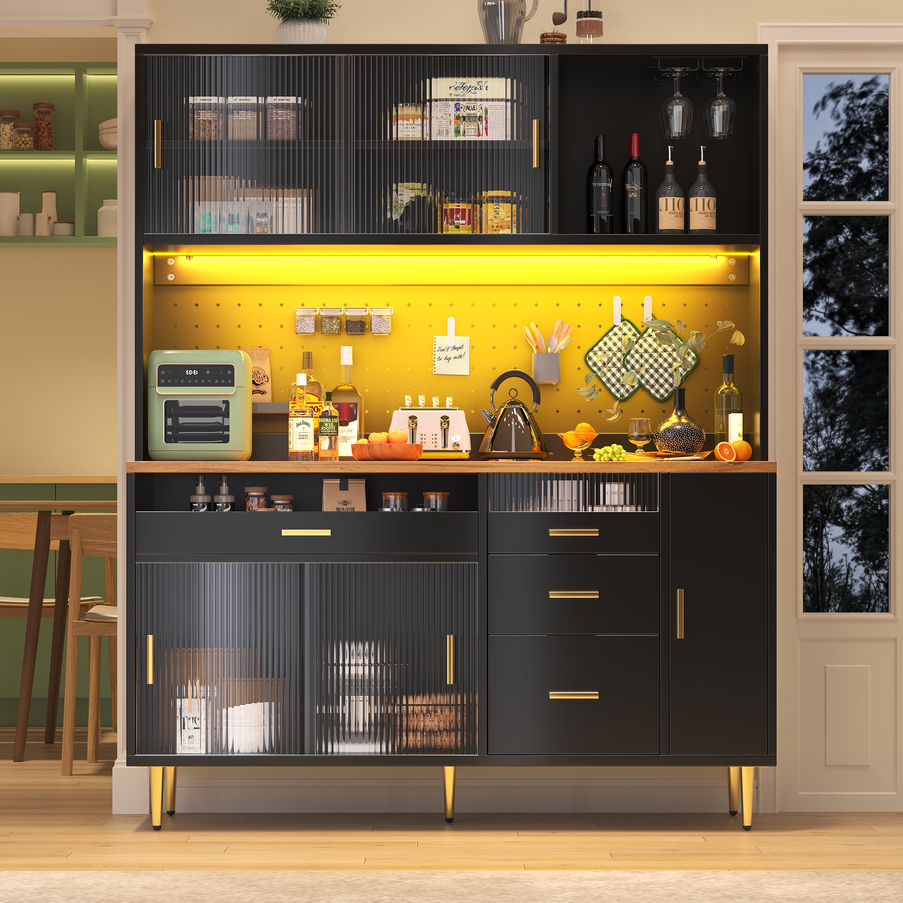 Highboard with LED Lighting & Pegboard Shelves, Tall Cabinet for Living Room, Kitchen & Dining Room Storage, Adjustable Freestanding Cupboard, 145x24x171cm, Black