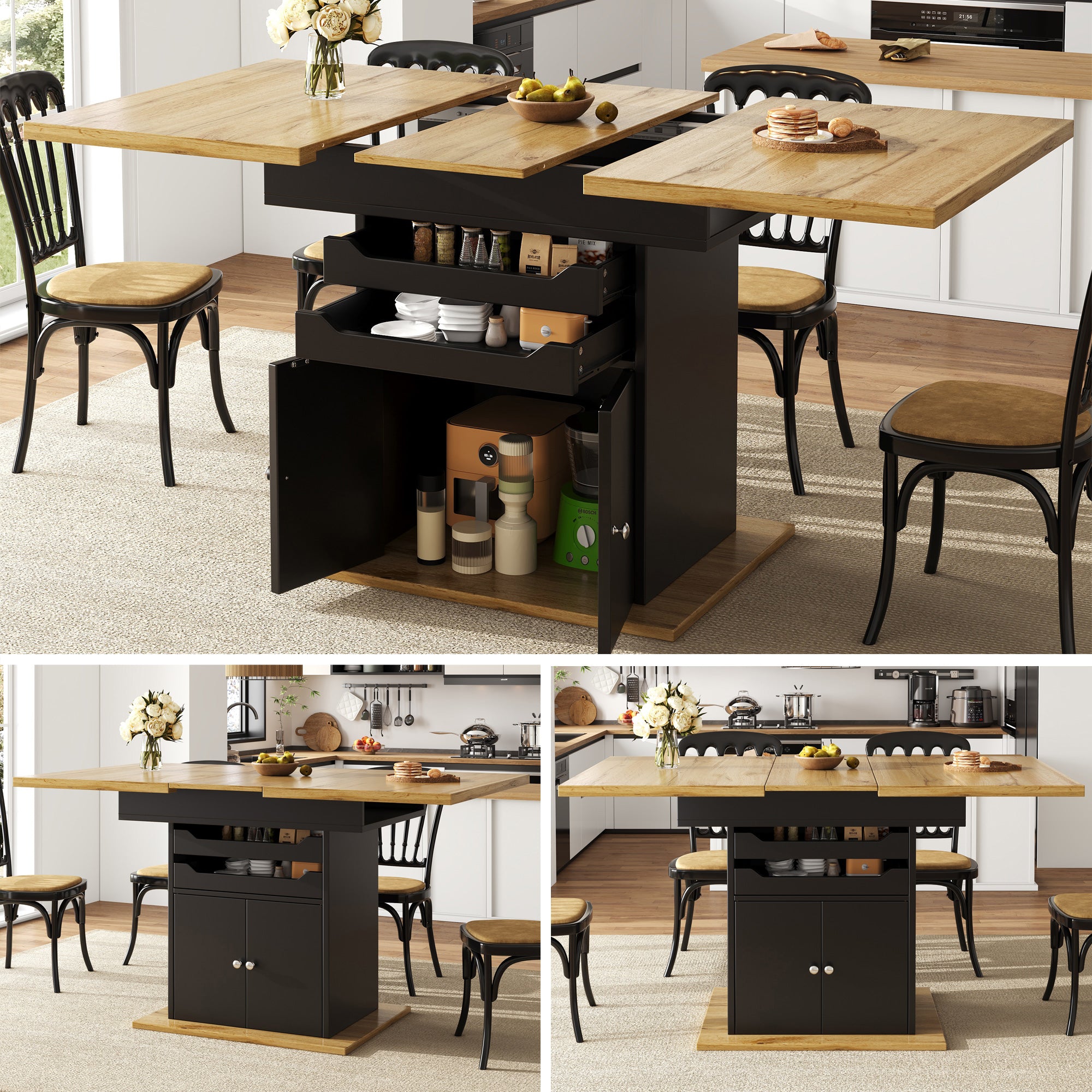 Telescopic dining table (110-140×80cm), foldable kitchen table for 4-6 people, extendable dining table, space-saving kitchen table, table with two drawers and a storage cabinet