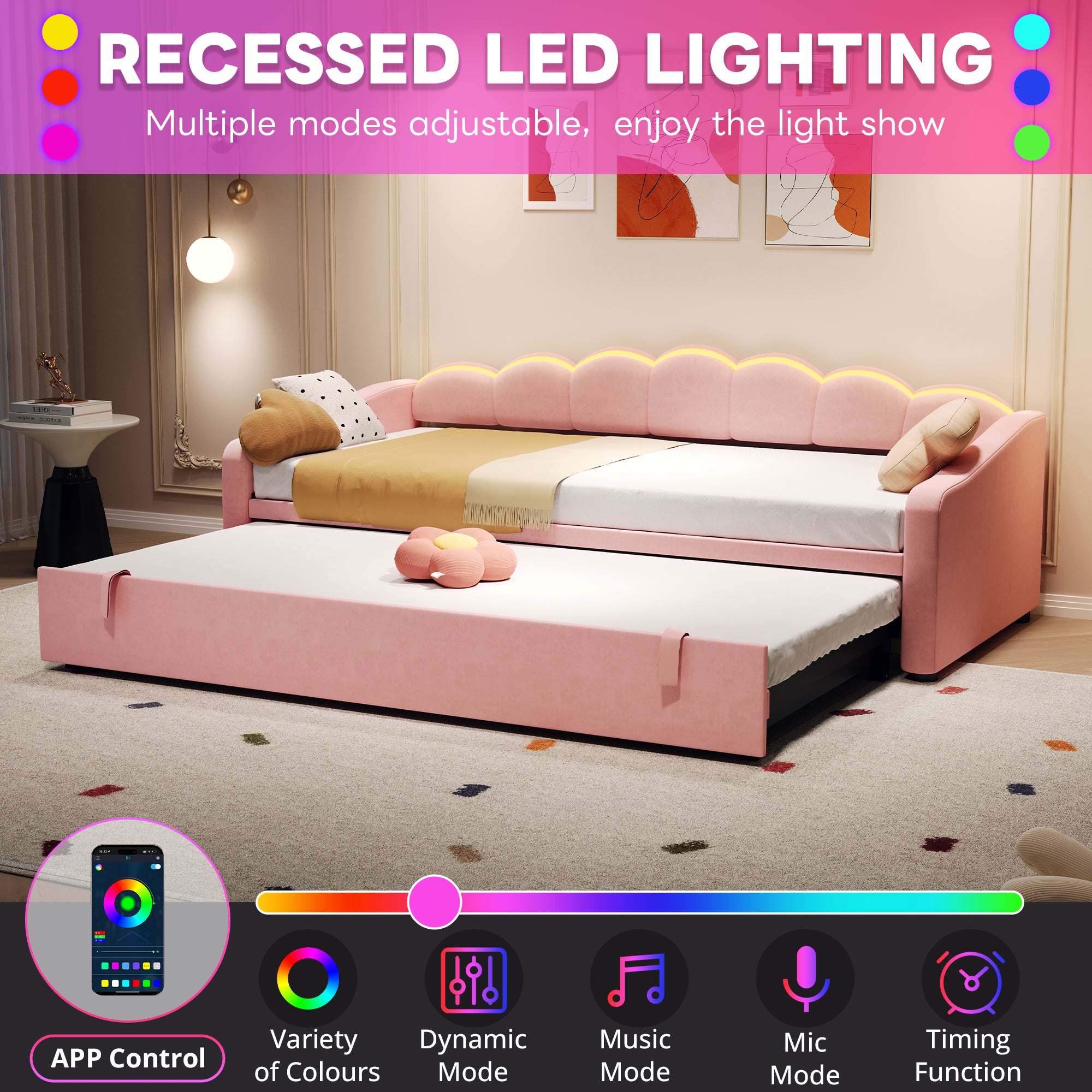 Upholstered Bed 90x190cm, Daybed, Sofa Bed with RGB LED Lighting, 3ft Petal Shape Single Bed with Trundle,Pull out Trundle Bed for Living Room/ Bedroom/ Study Room, Velvet, Pink (No Mattress)
