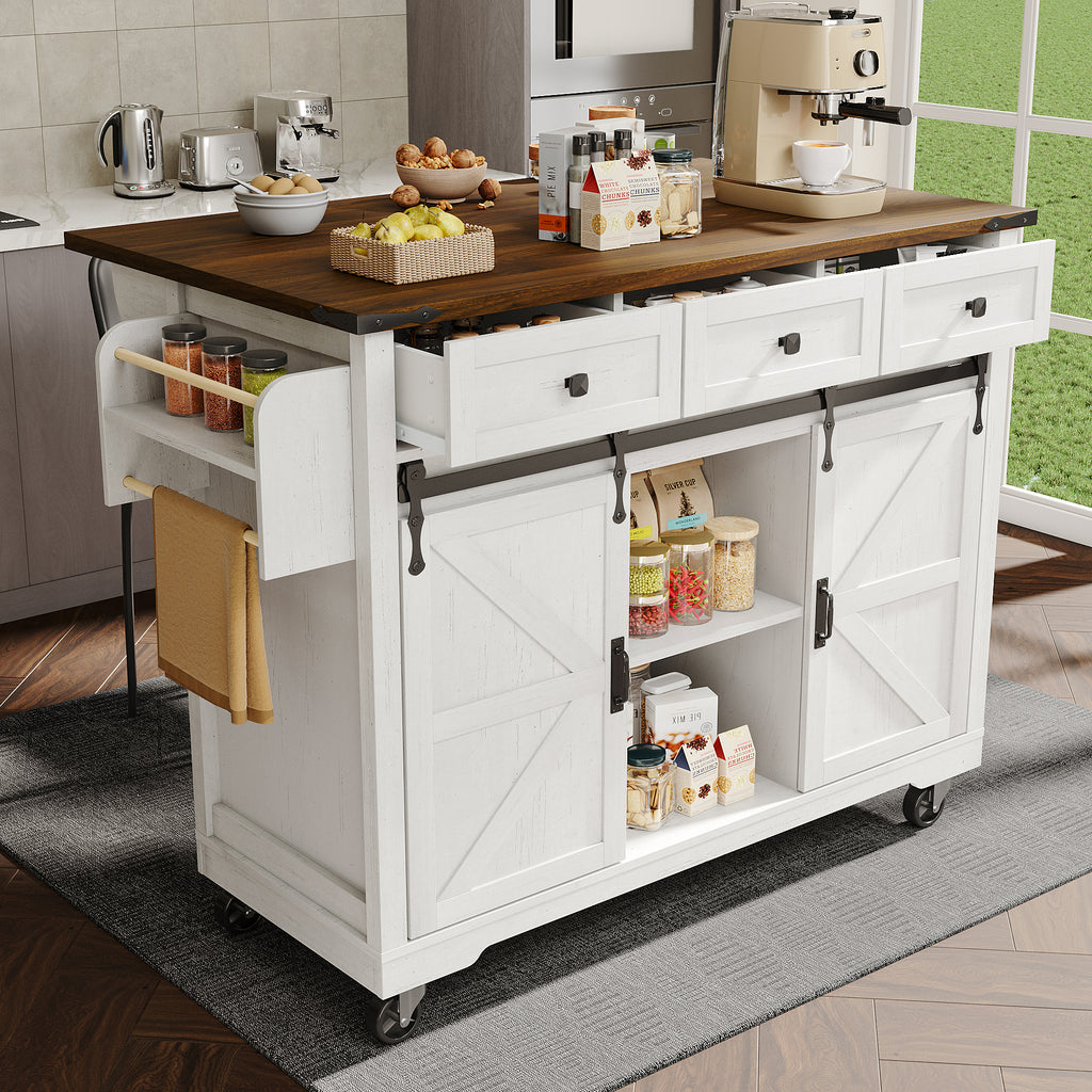 Kitchen island, serving cart with extendable worktop, kitchen cart on wheels, kitchen cabinet with 2 sliding doors and 3 drawers, dining cart with wood grain, kitchen cabinet