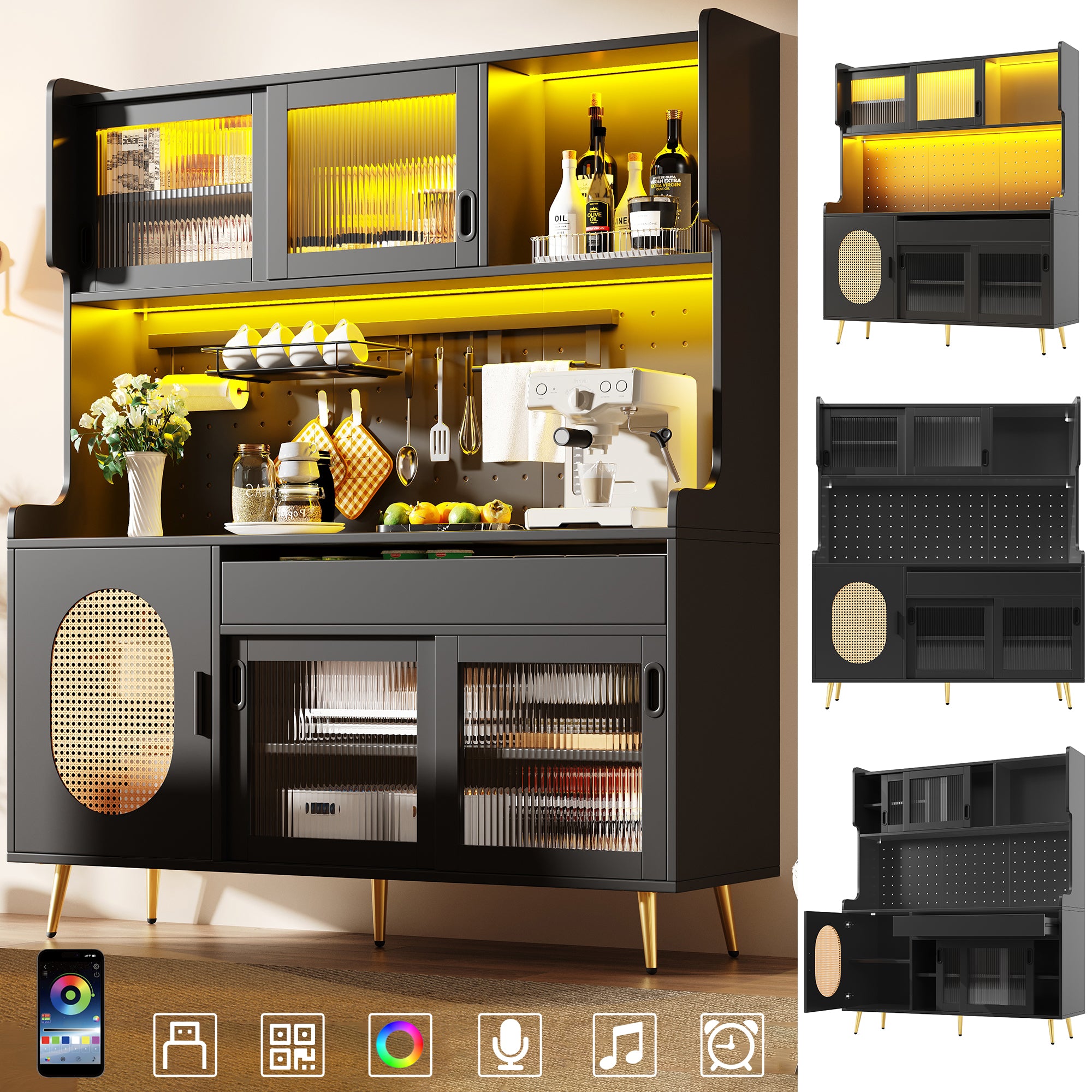 Sideboard / Storage Cabinet / Kitchen Cabinet / Buffet, 145x39x171cm, Country Style, 5 Doors, with LED Light Strip & Pegboard, Fluted Glass Doors, Brown/Black