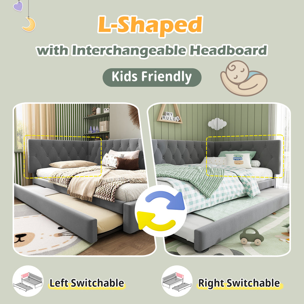 Upholstered Bed Daybed with Pull-Out Bed, 3FT Single Sofa Bed 90 x 190 cm, Ottoman Bed Trundle Beds for Adults and Kids, Bed with Slatted Frame, Velvet, Grey (No Mattress)