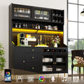 Highboard with Adjustable Shelves & LED Lights, Freestanding Storage Unit for Living Room Kitchen Dining, Tall cabinet with wine rack, Dimensions 145x39x171cm, Black