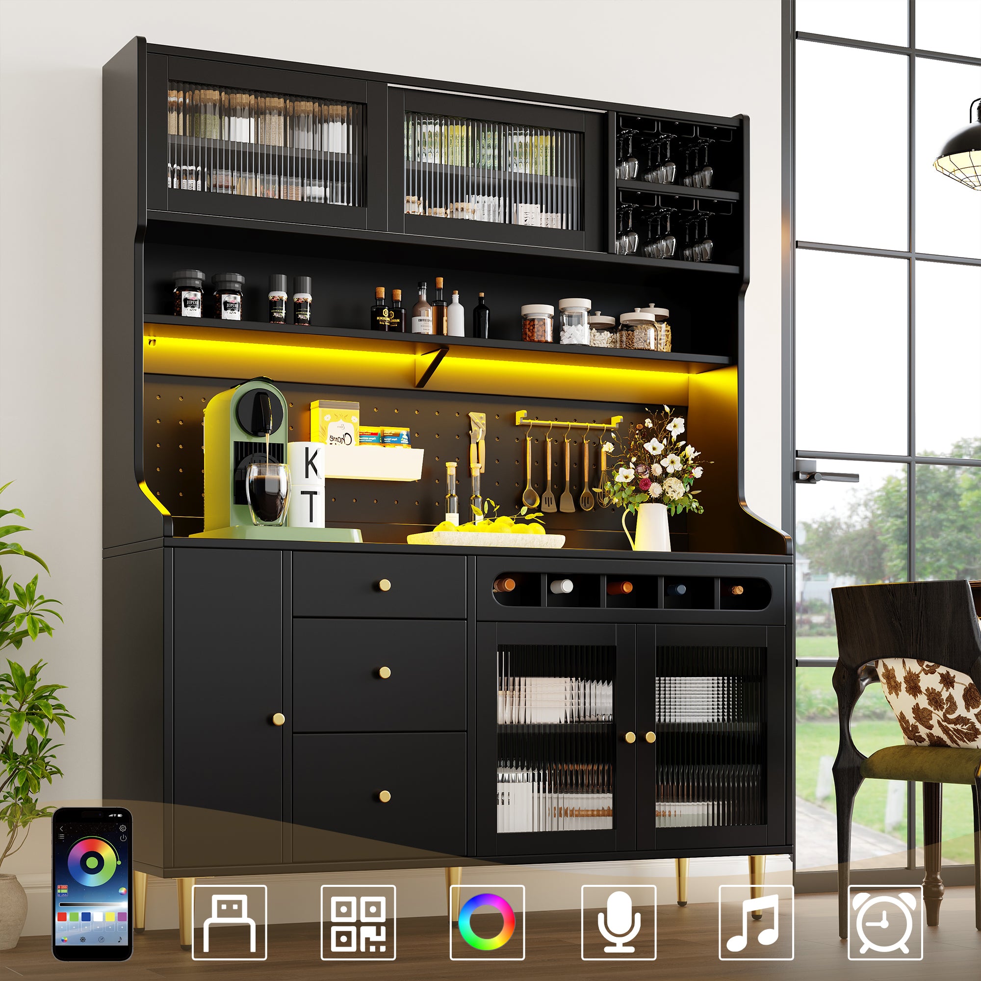 Highboard with Adjustable Shelves & LED Lights, Freestanding Storage Unit for Living Room Kitchen Dining, Tall cabinet with wine rack, Dimensions 145x39x171cm, Black