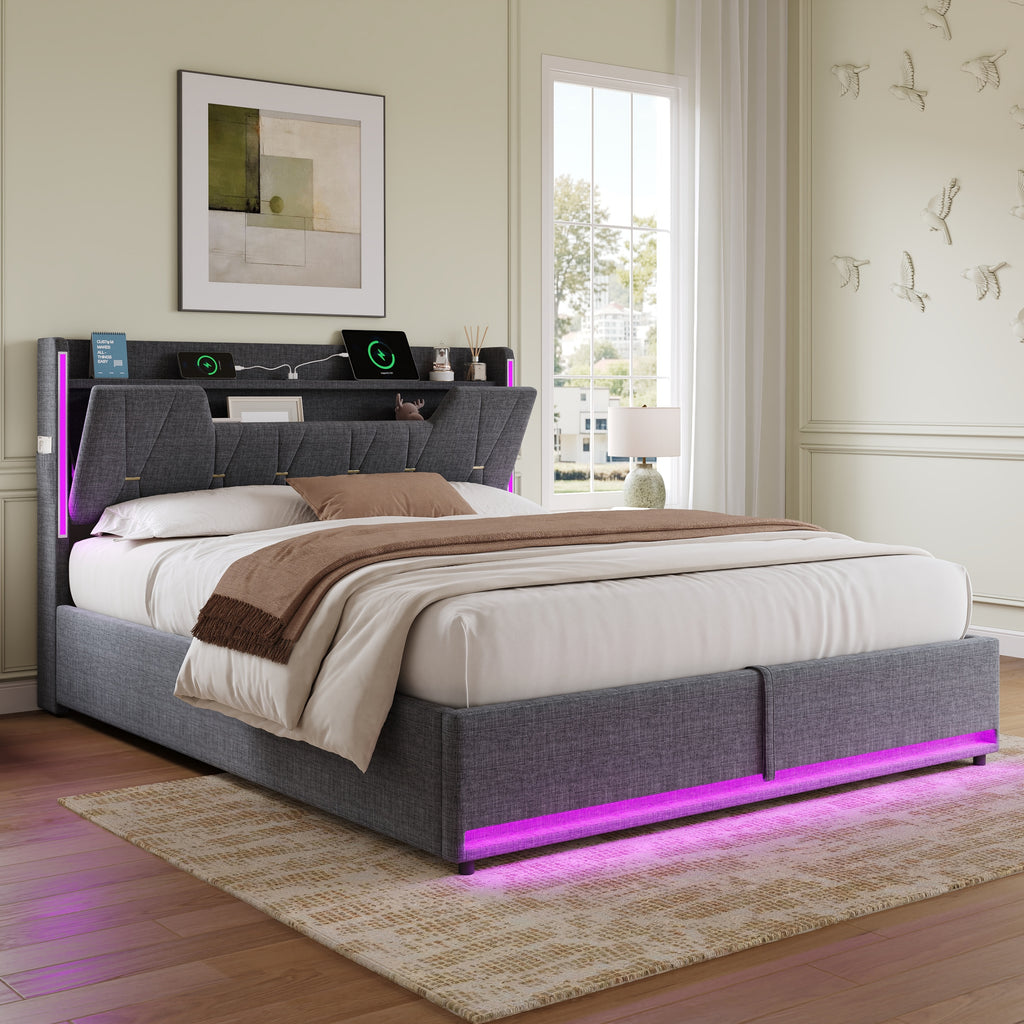 5ft King Upholstered Bed Frame with Hydraulic Storage,  LED X-Shape Headboard with Charging Station and Flip-top Headboard Storage, USB and Type - C Ports, Linen, Grey (No Mattress)