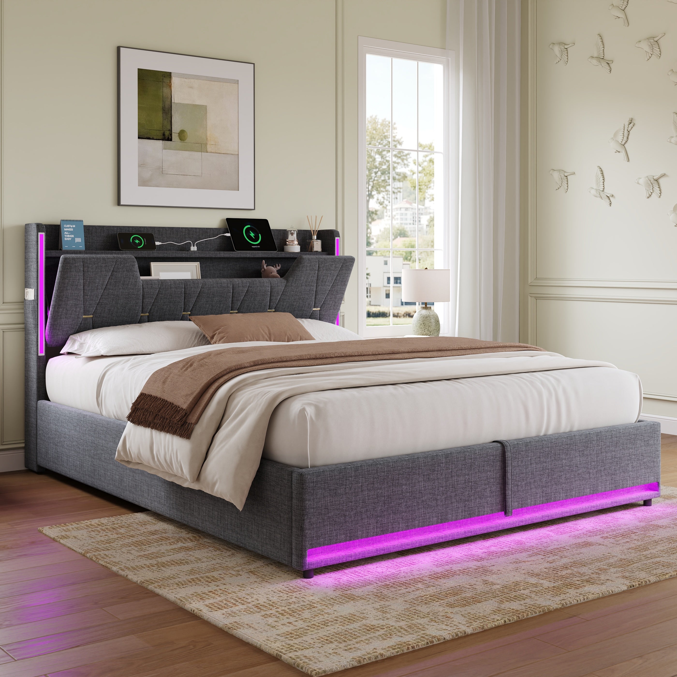 5ft King Upholstered Bed Frame with Hydraulic Storage,  LED X-Shape Headboard with Charging Station and Flip-top Headboard Storage, USB and Type - C Ports, Linen, Grey (No Mattress)