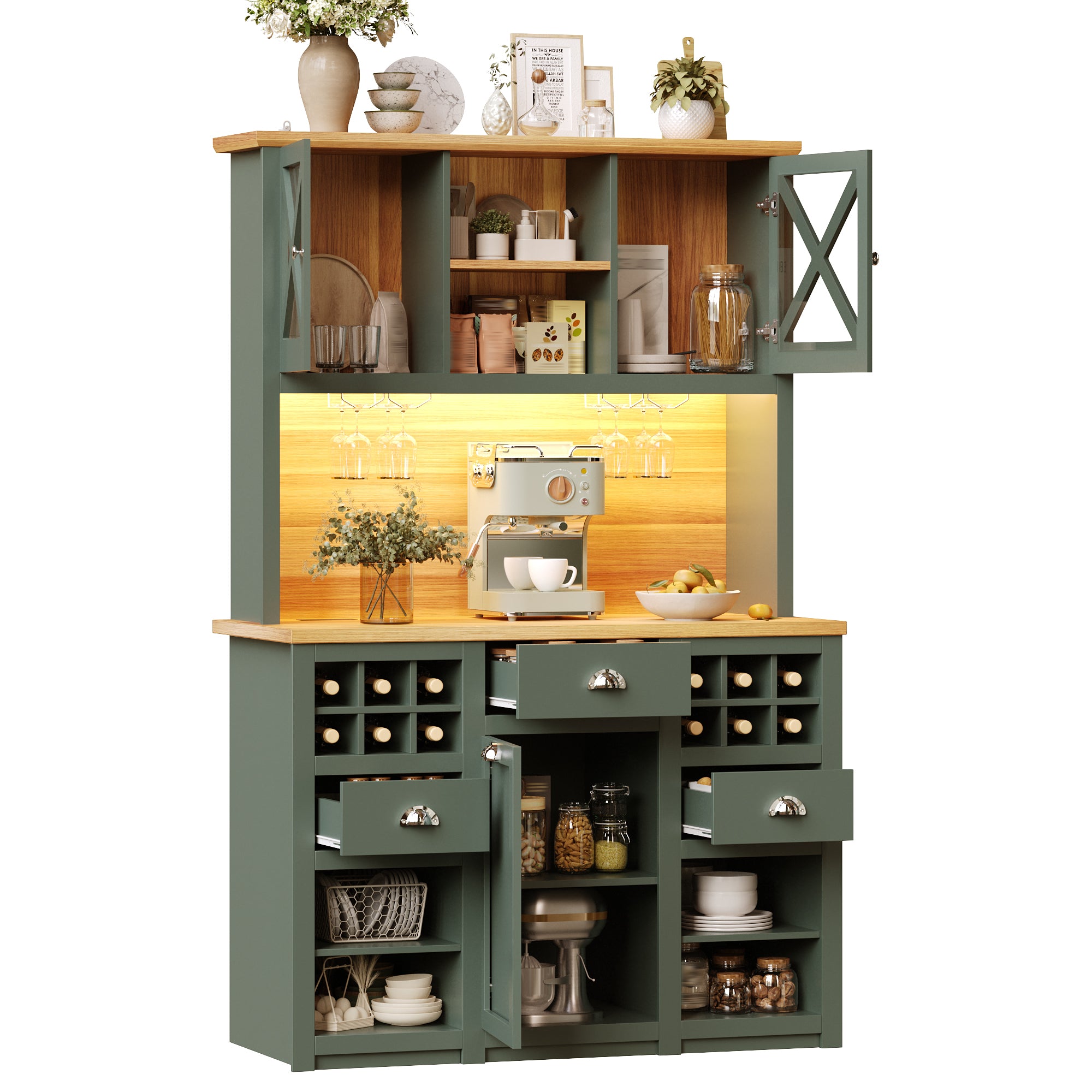 Kitchen cabinets (120 x 45 x 188 cm), tall kitchen cabinets, sideboards, kitchen cabinets with glass doors and LED lighting, side cabinet with wine rack, adjustable shelves, green