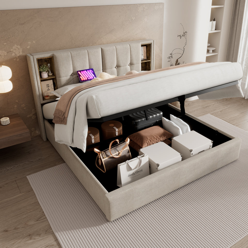 4ft6 Double Bed Frame Upholstered Bed 135 x 190 cm with Wireless Charging (USB Type-C), Hydraulic Bed with Large Storage Space, Linen Fabric, Natural (No Mattress)